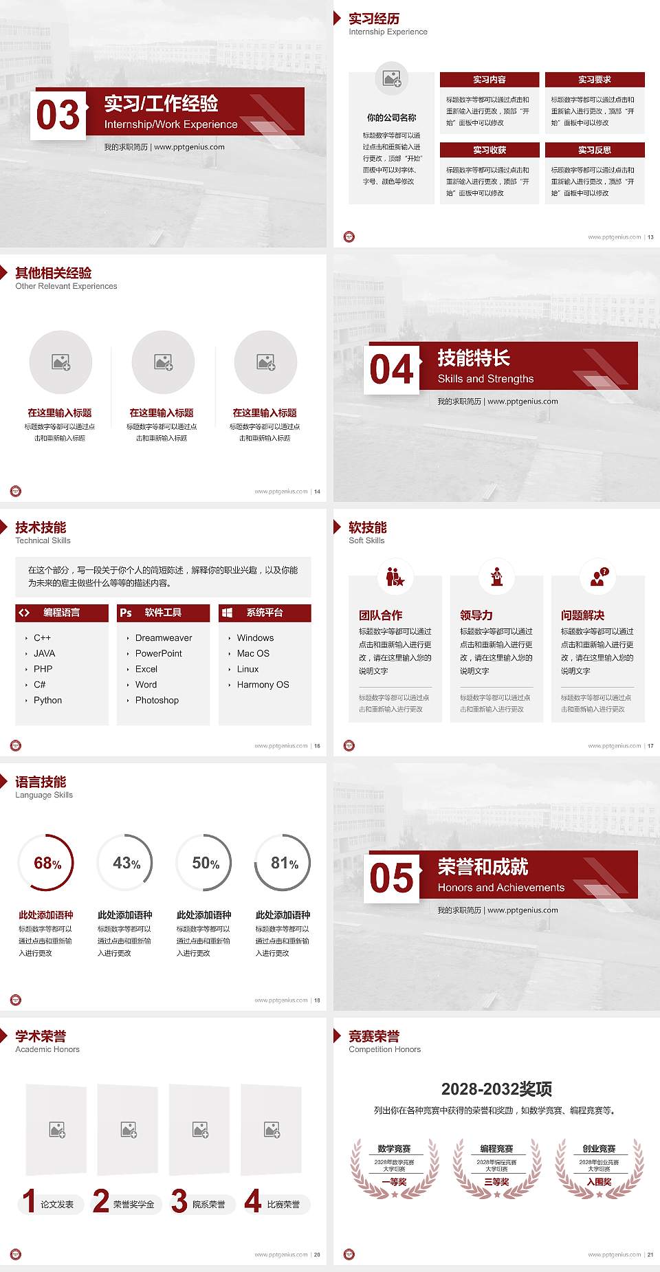 江西先锋软件职业技术学院教师/学生通用个人简历PPT模板下载4:3格式幻灯片预览图3
