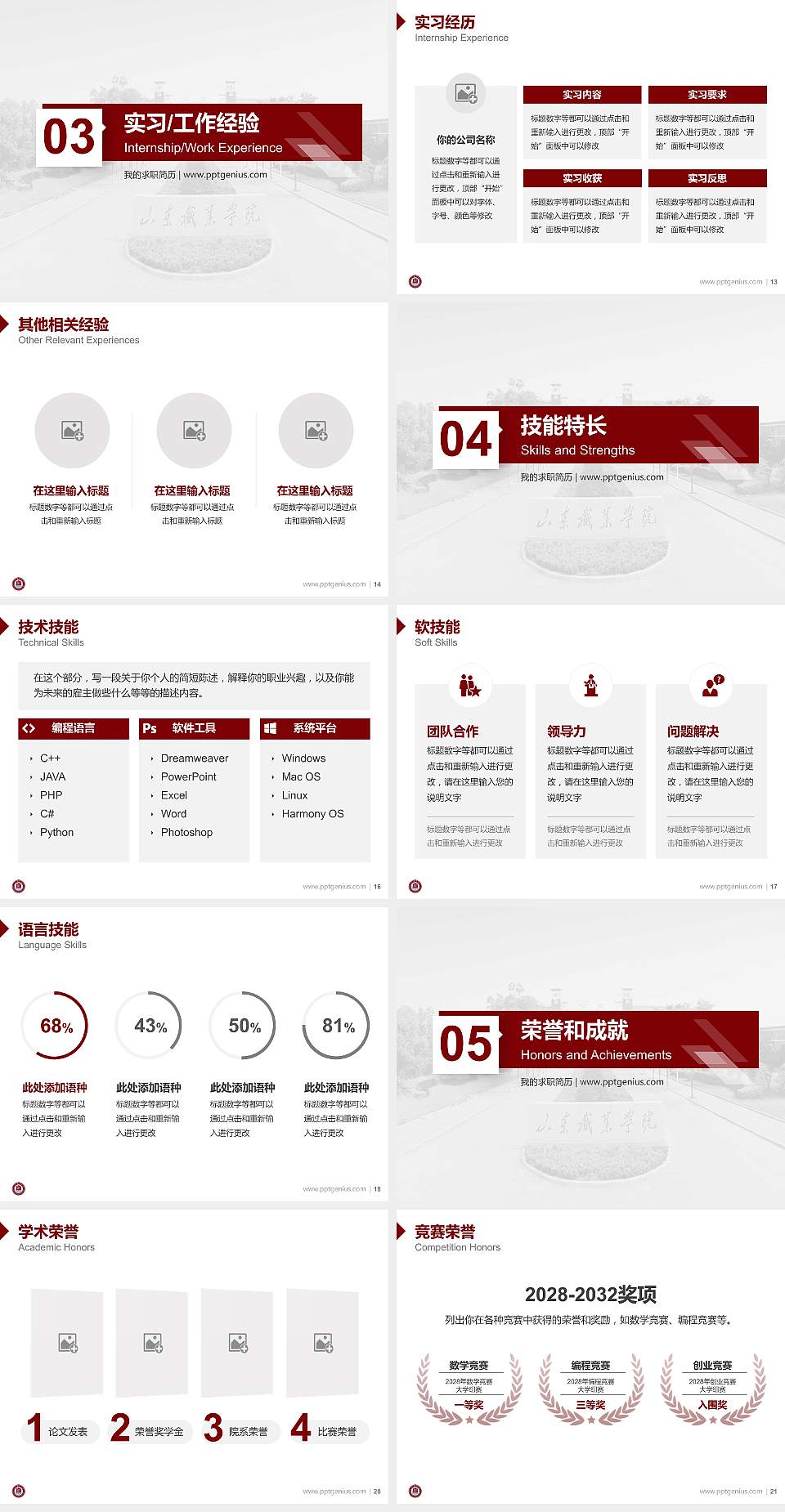 山东职业学院西校区教师/学生通用个人简历PPT模板下载4:3格式幻灯片预览图3