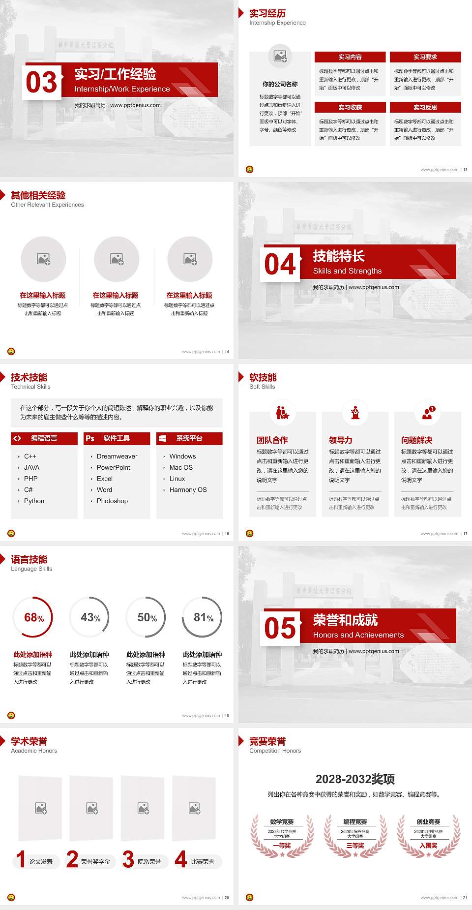中国人民解放军陆军步兵学院教师/学生通用个人简历PPT模板下载4:3格式幻灯片预览图3