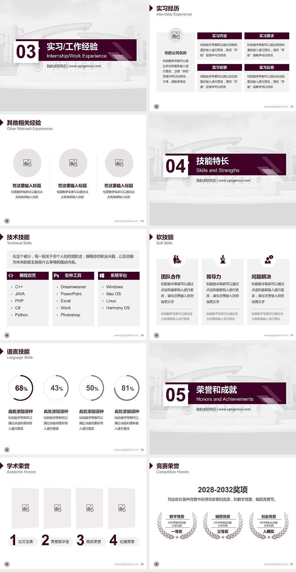 湖南中医药大学教师/学生通用个人简历PPT模板下载4:3格式幻灯片预览图3