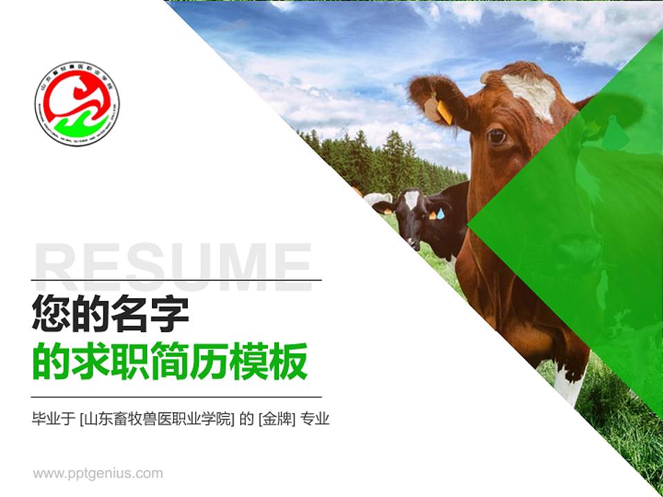 山东畜牧兽医职业学院教师/学生通用个人简历PPT模板下载4:3格式PPT封面效果预览图