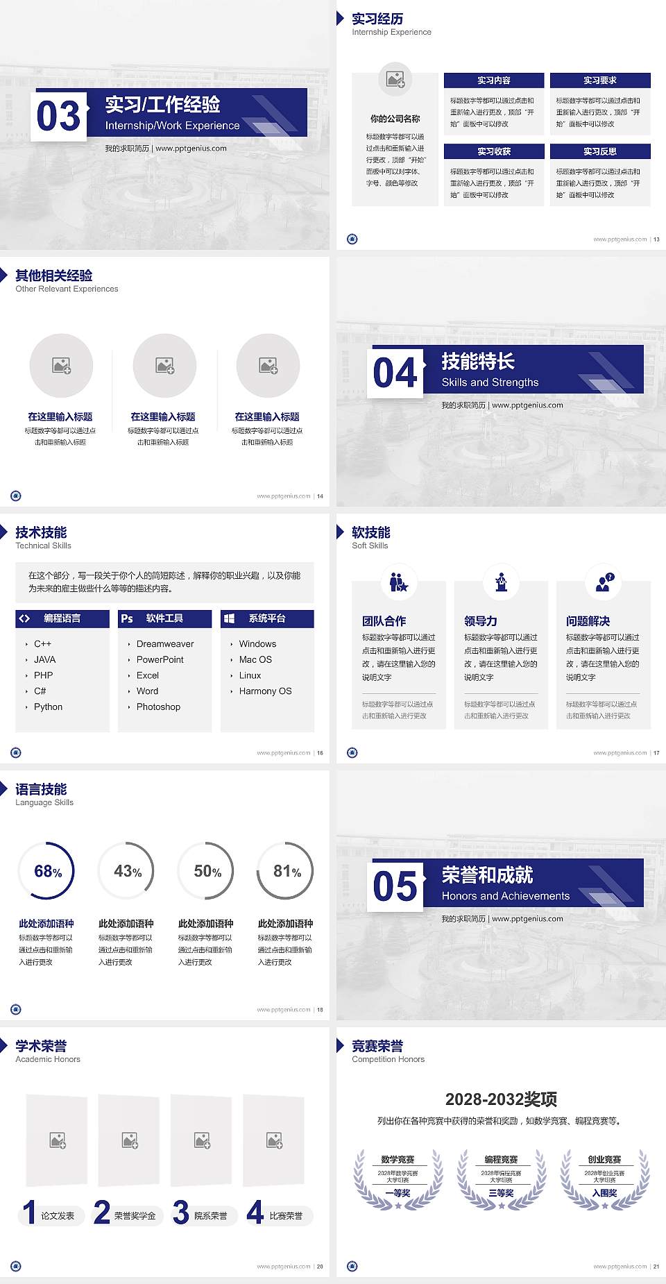 武汉工业职业技术学院教师/学生通用个人简历PPT模板下载4:3格式幻灯片预览图3