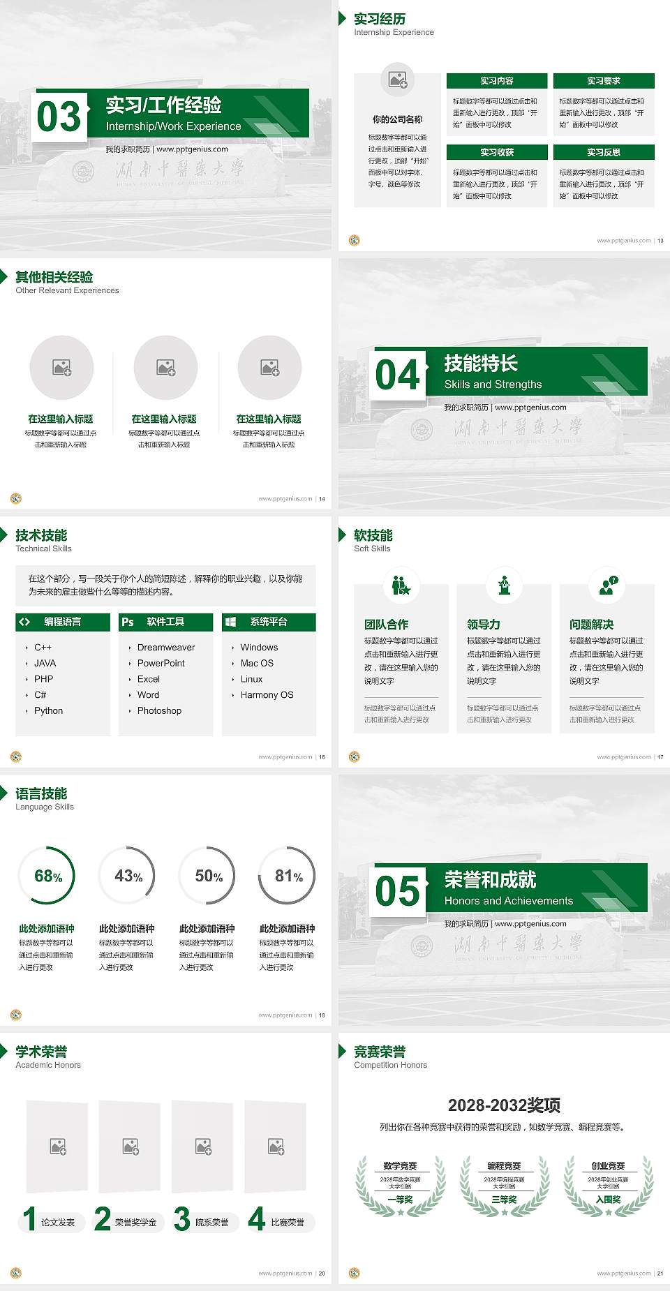 湖南中医药大学湘杏学院教师/学生通用个人简历PPT模板下载4:3格式幻灯片预览图3