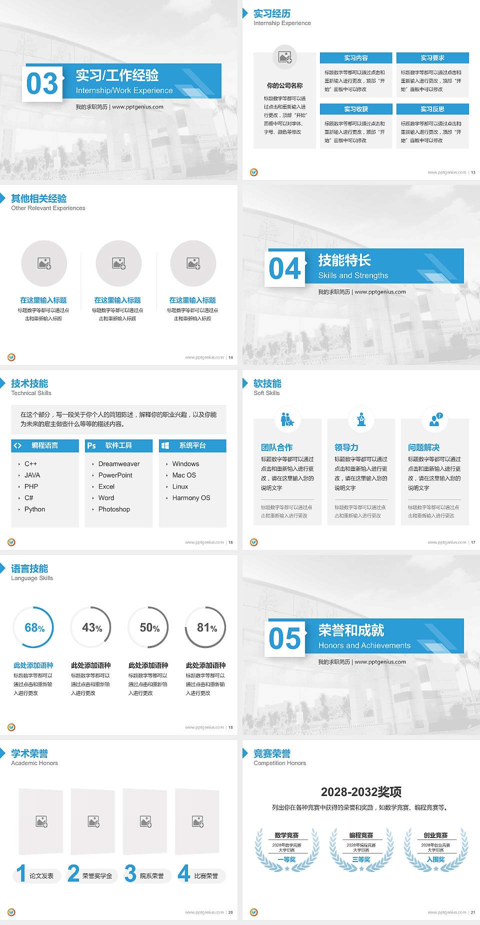 海南外国语职业学院教师/学生通用个人简历PPT模板下载4:3格式幻灯片预览图3