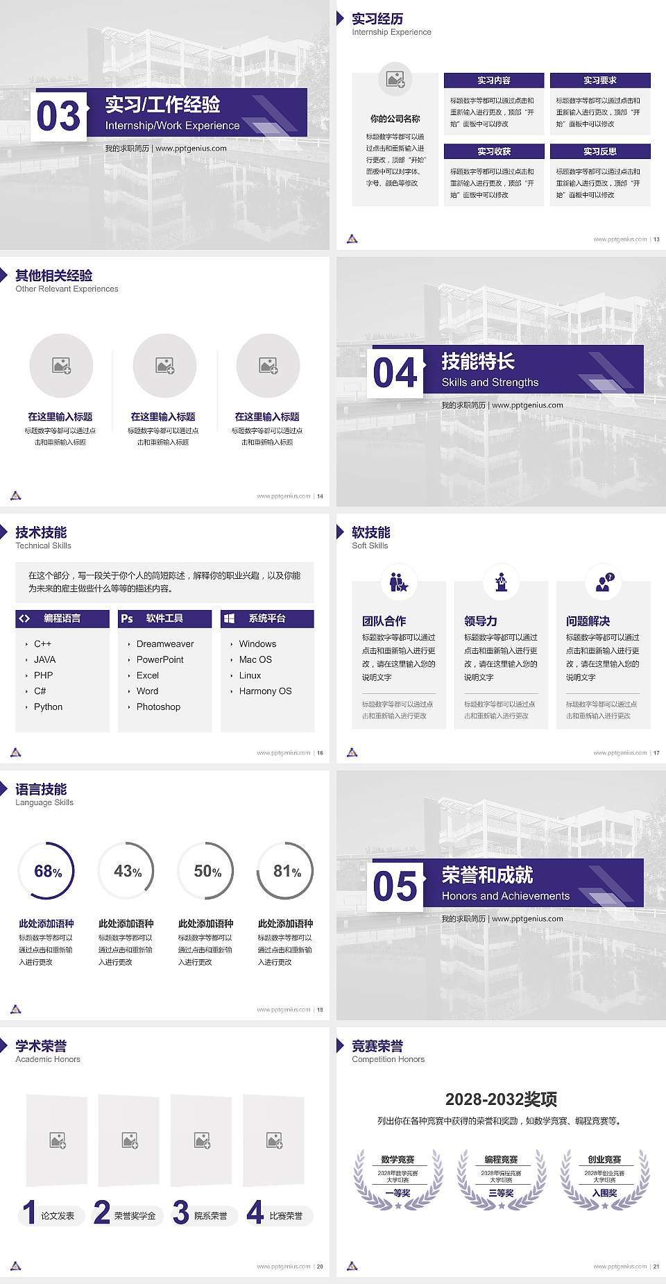 周口职业技术学院教师/学生通用个人简历PPT模板下载4:3格式幻灯片预览图3
