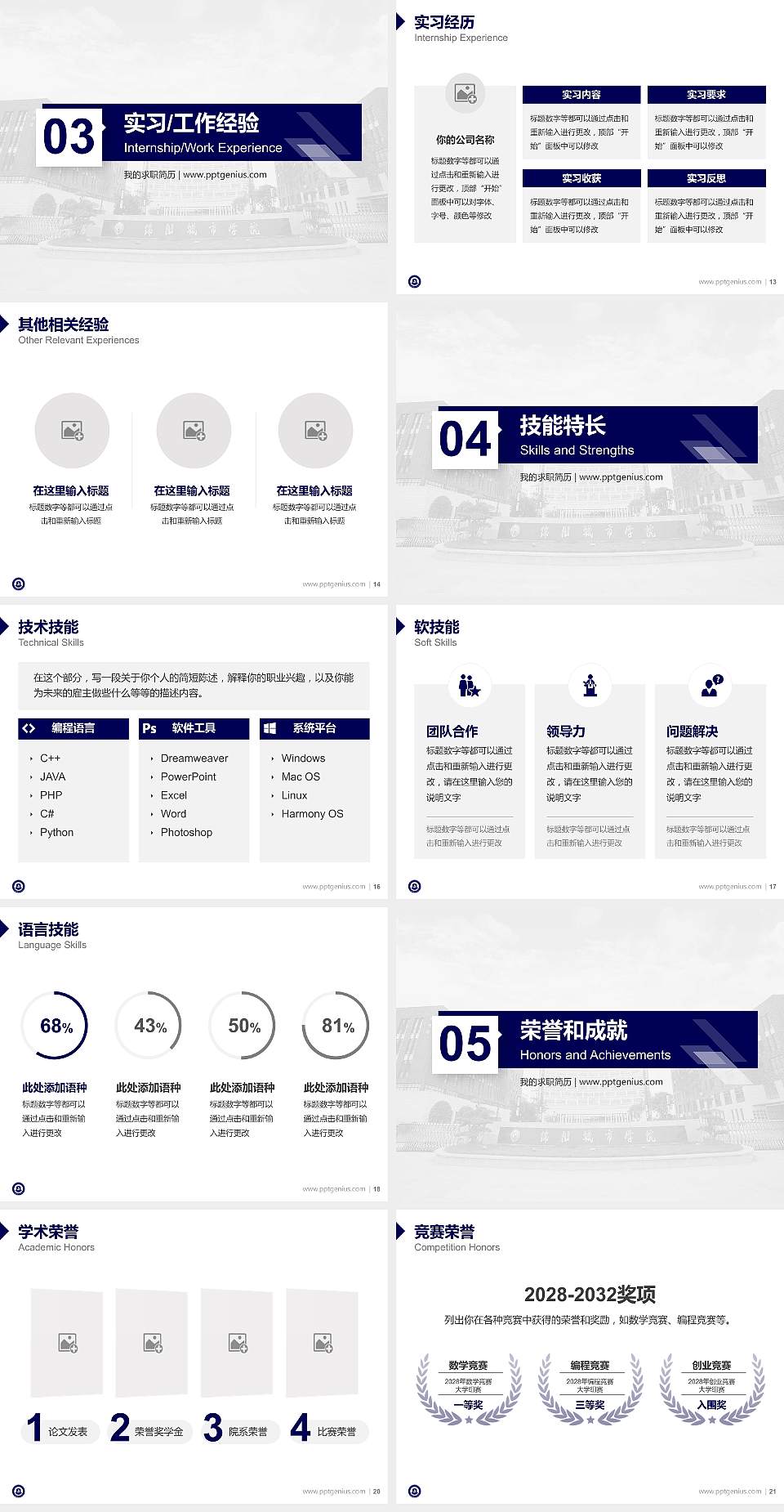 绵阳城市学院教师/学生通用个人简历PPT模板下载4:3格式幻灯片预览图3