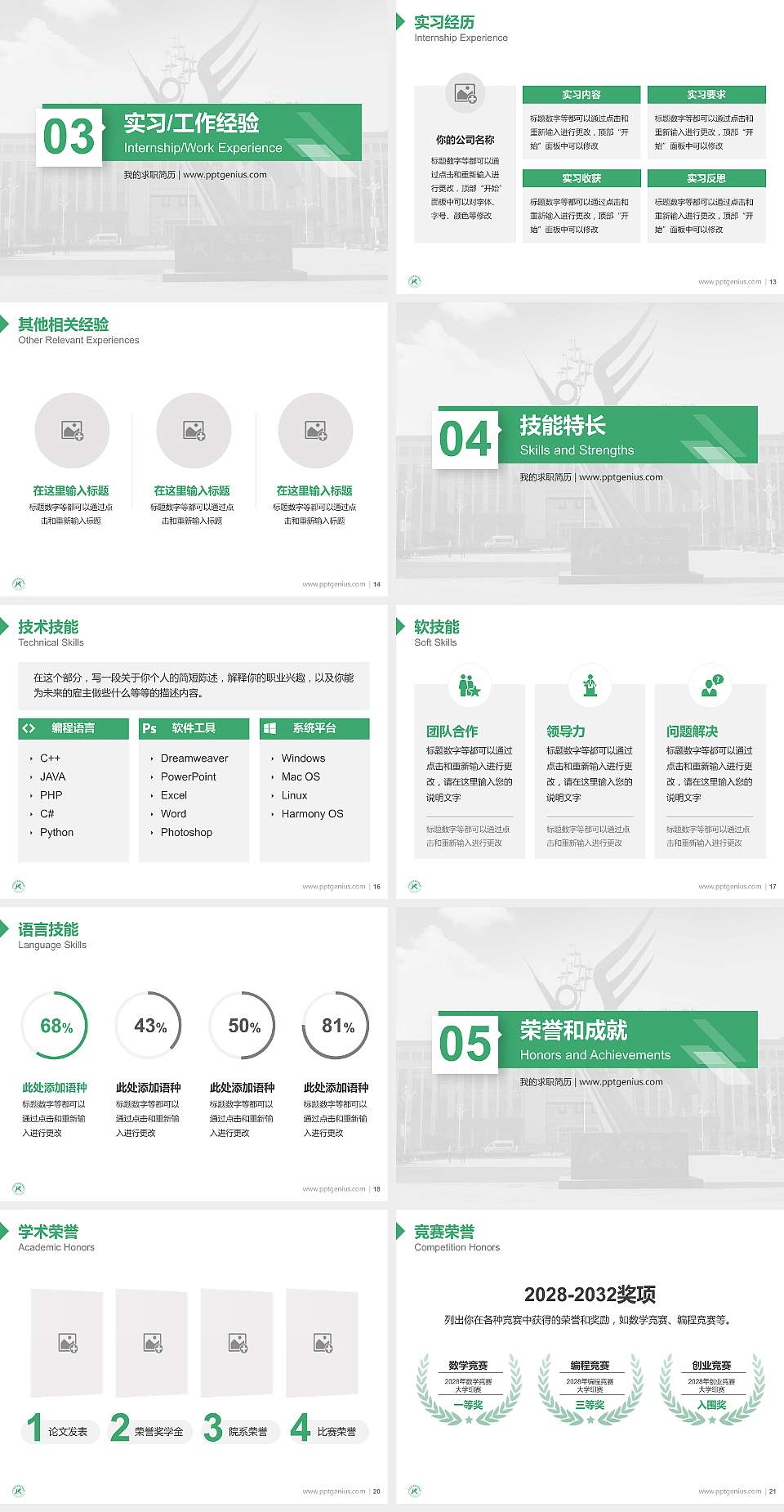 山东凯文科技职业学院教师/学生通用个人简历PPT模板下载4:3格式幻灯片预览图3