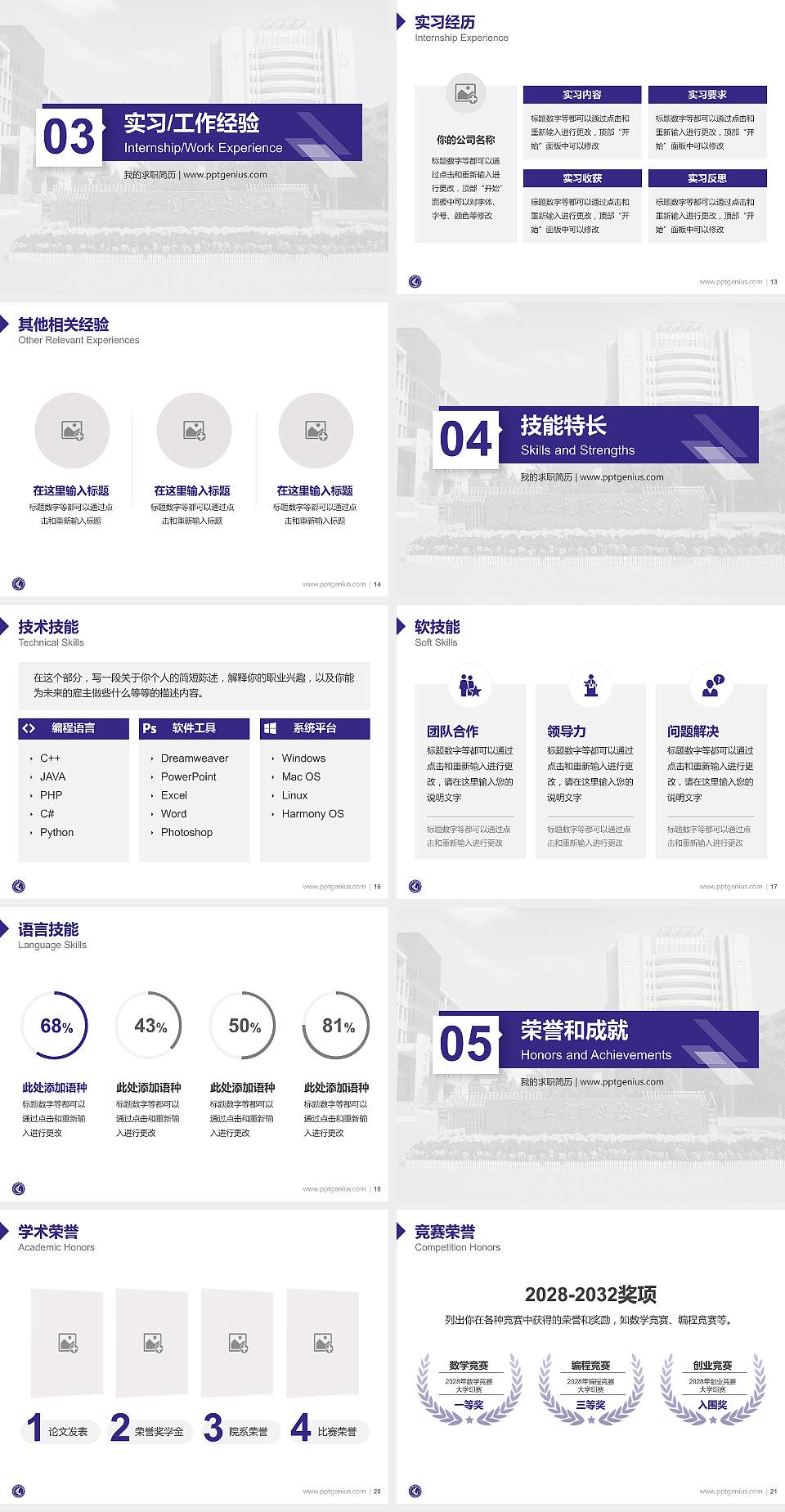 广东工程职业技术学院教师/学生通用个人简历PPT模板下载4:3格式幻灯片预览图3