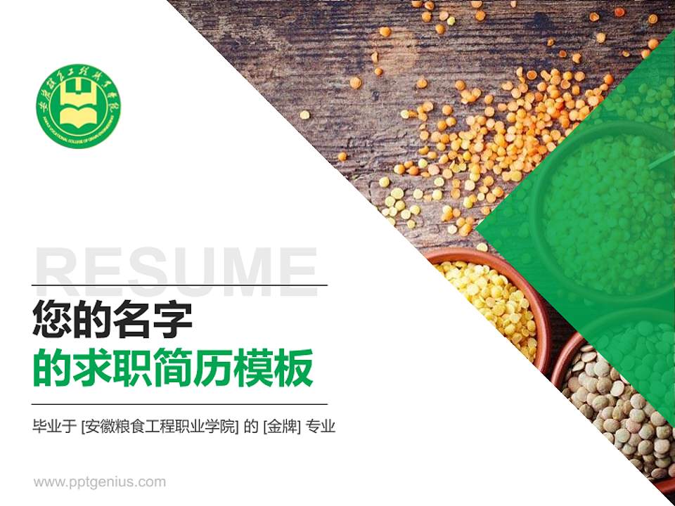 安徽粮食工程职业学院教师/学生通用个人简历PPT模板下载4:3格式PPT封面效果预览图