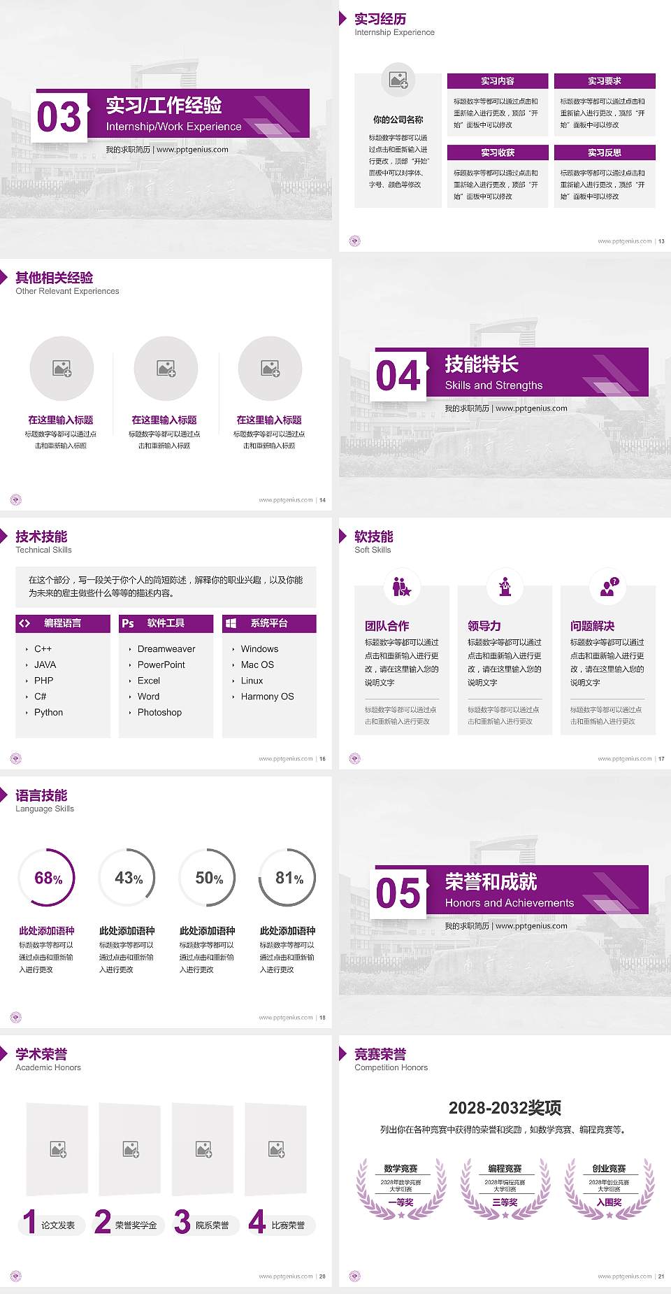 南京理工大学紫金学院教师/学生通用个人简历PPT模板下载4:3格式幻灯片预览图3