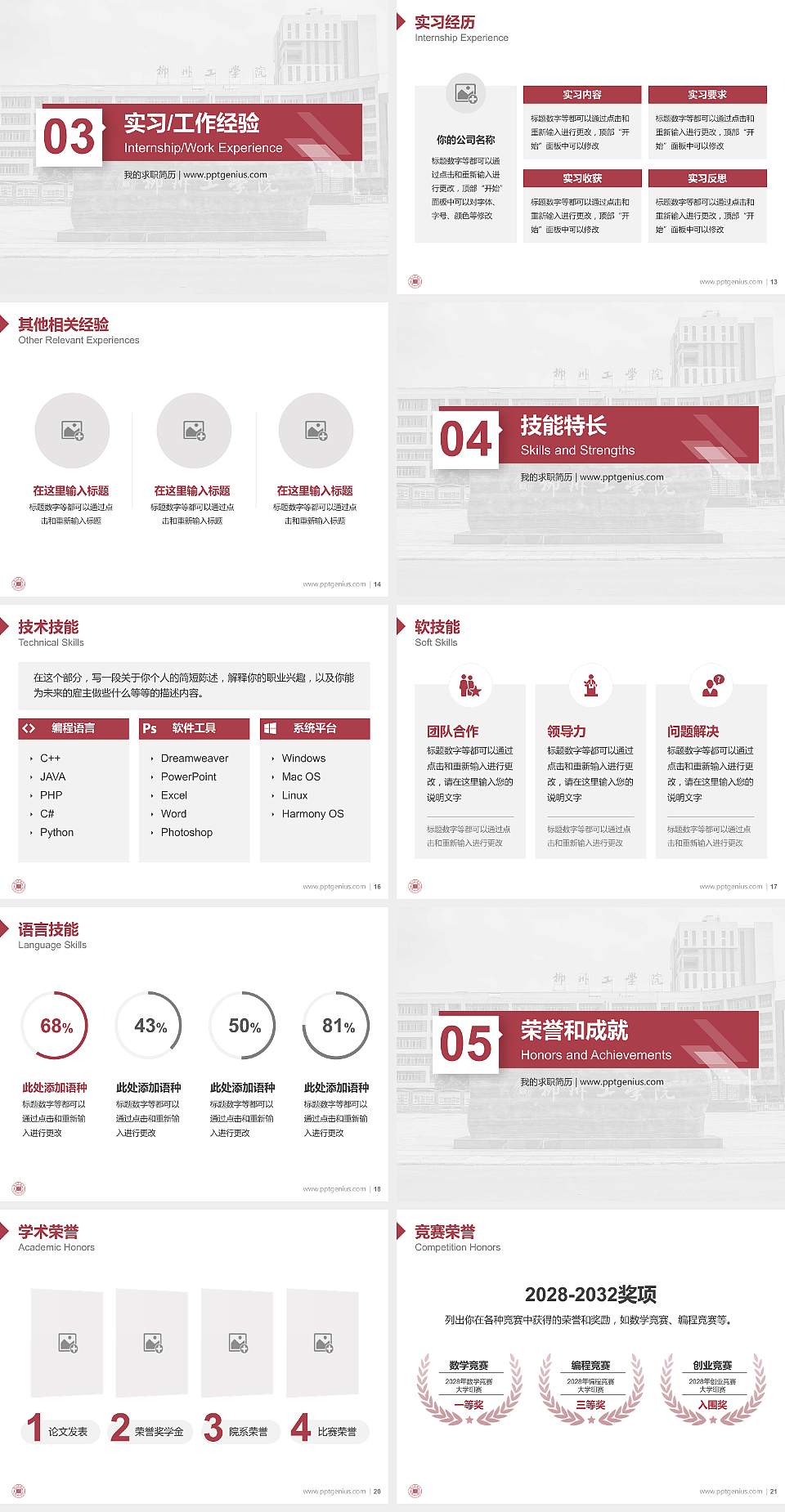 柳州工学院教师/学生通用个人简历PPT模板下载4:3格式幻灯片预览图3