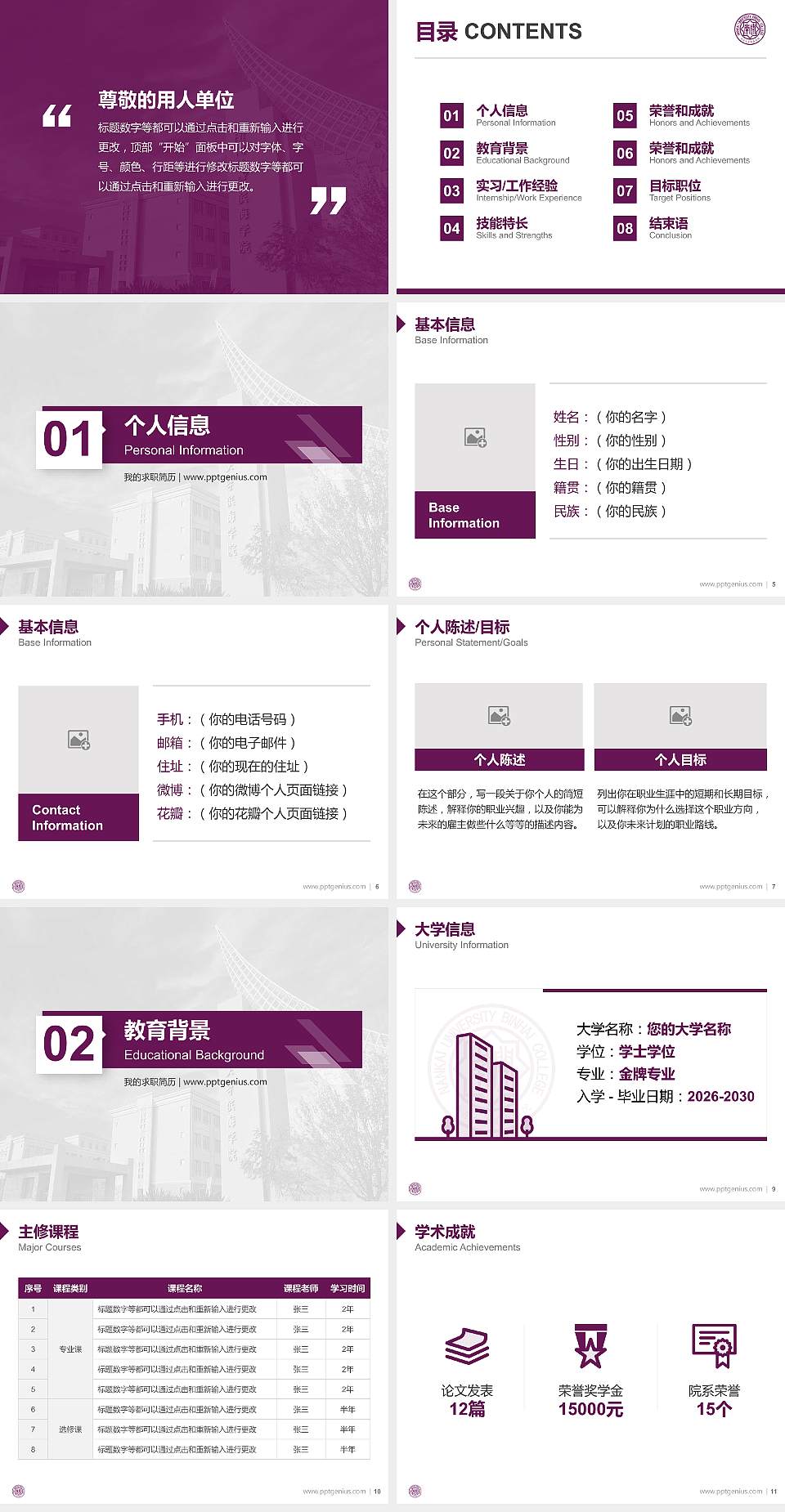 南开大学滨海学院教师/学生通用个人简历PPT模板下载4:3格式幻灯片预览图2
