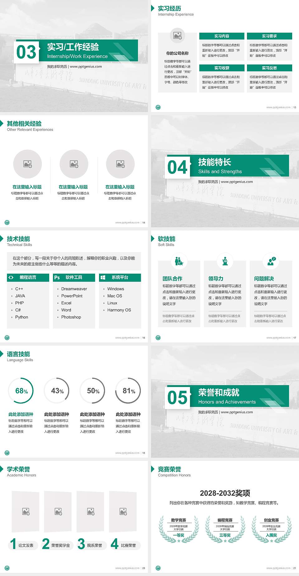 山东工艺美术学院教师/学生通用个人简历PPT模板下载4:3格式幻灯片预览图3