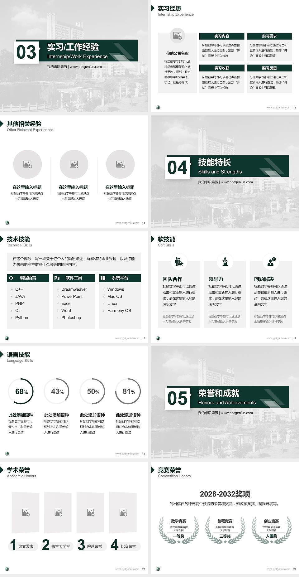 武汉电力职业技术学院教师/学生通用个人简历PPT模板下载4:3格式幻灯片预览图3