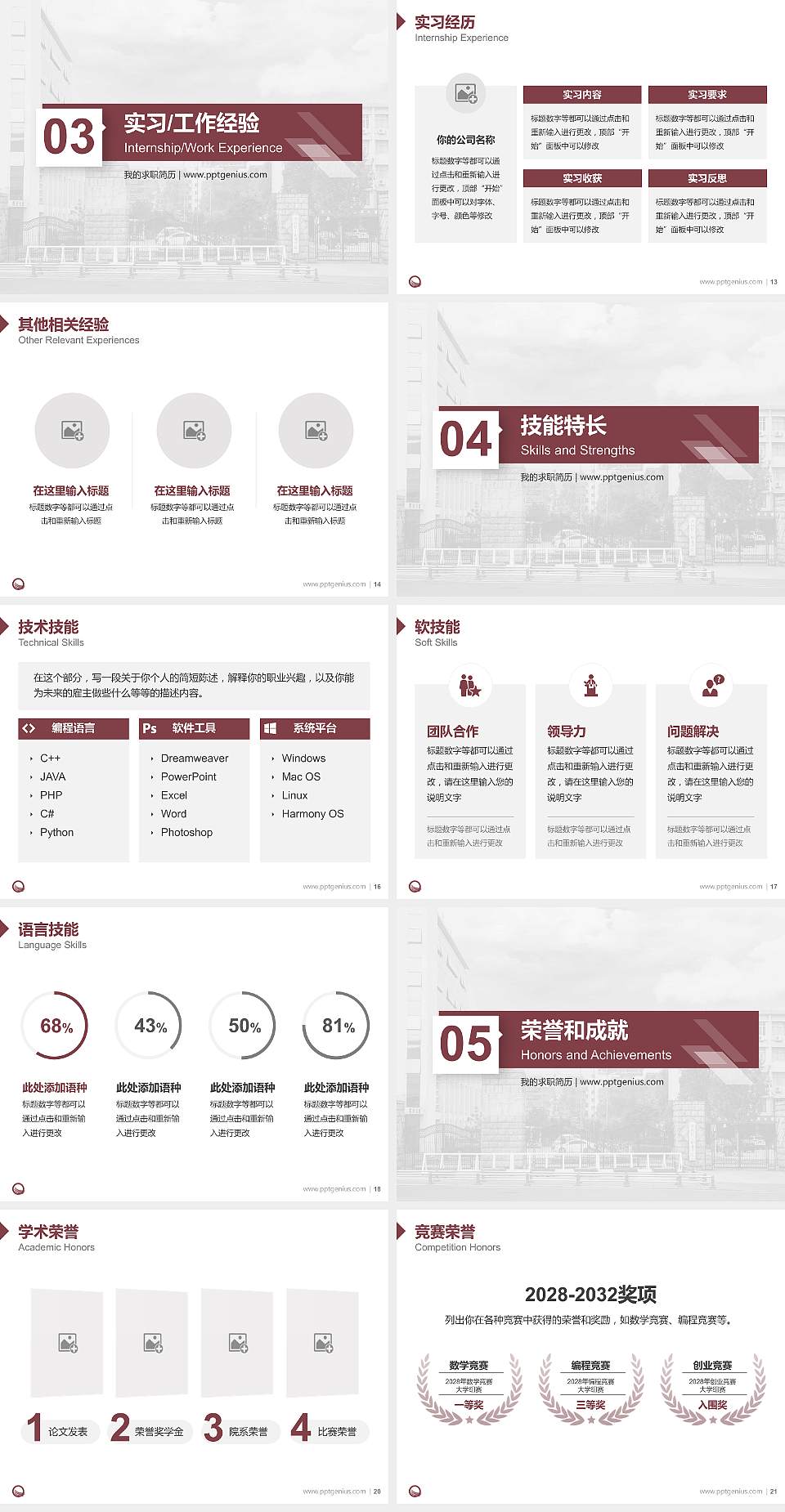 河南轻工职业学院教师/学生通用个人简历PPT模板下载4:3格式幻灯片预览图3