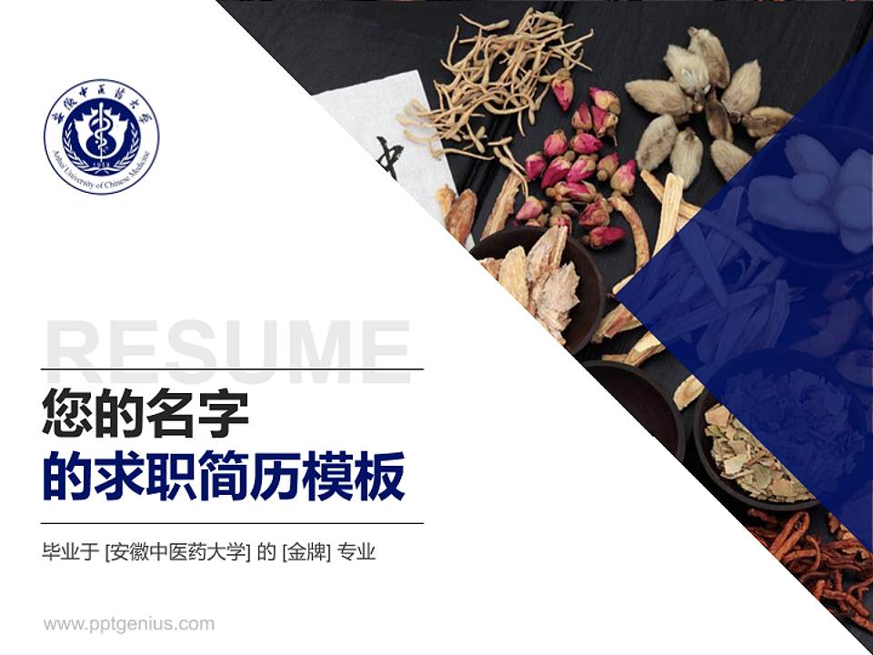 安徽中医药大学教师/学生通用个人简历PPT模板下载4:3格式PPT封面效果预览图