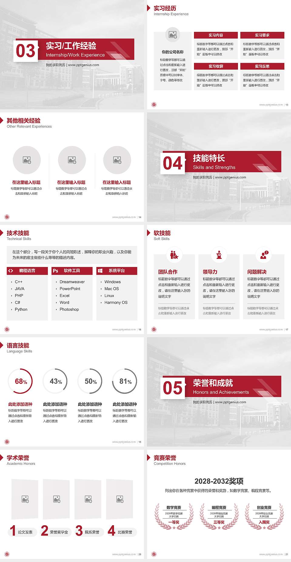 鹤壁职业技术学院教师/学生通用个人简历PPT模板下载4:3格式幻灯片预览图3