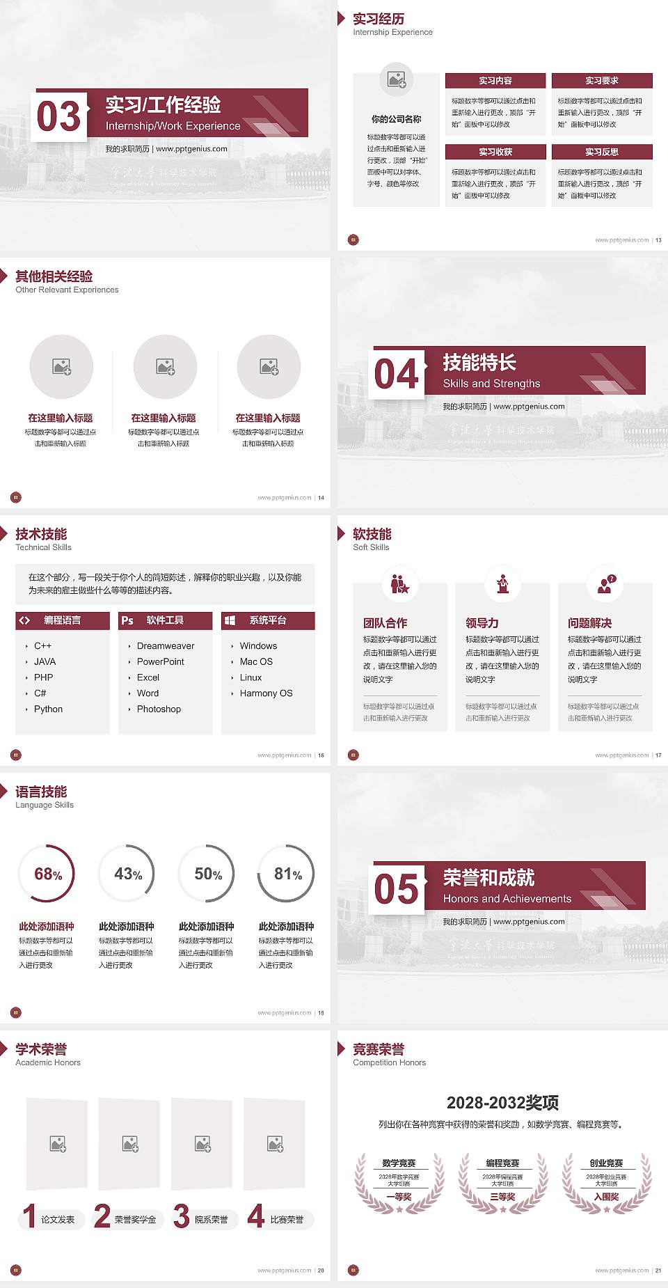 宁波大学科学技术学院教师/学生通用个人简历PPT模板下载4:3格式幻灯片预览图3