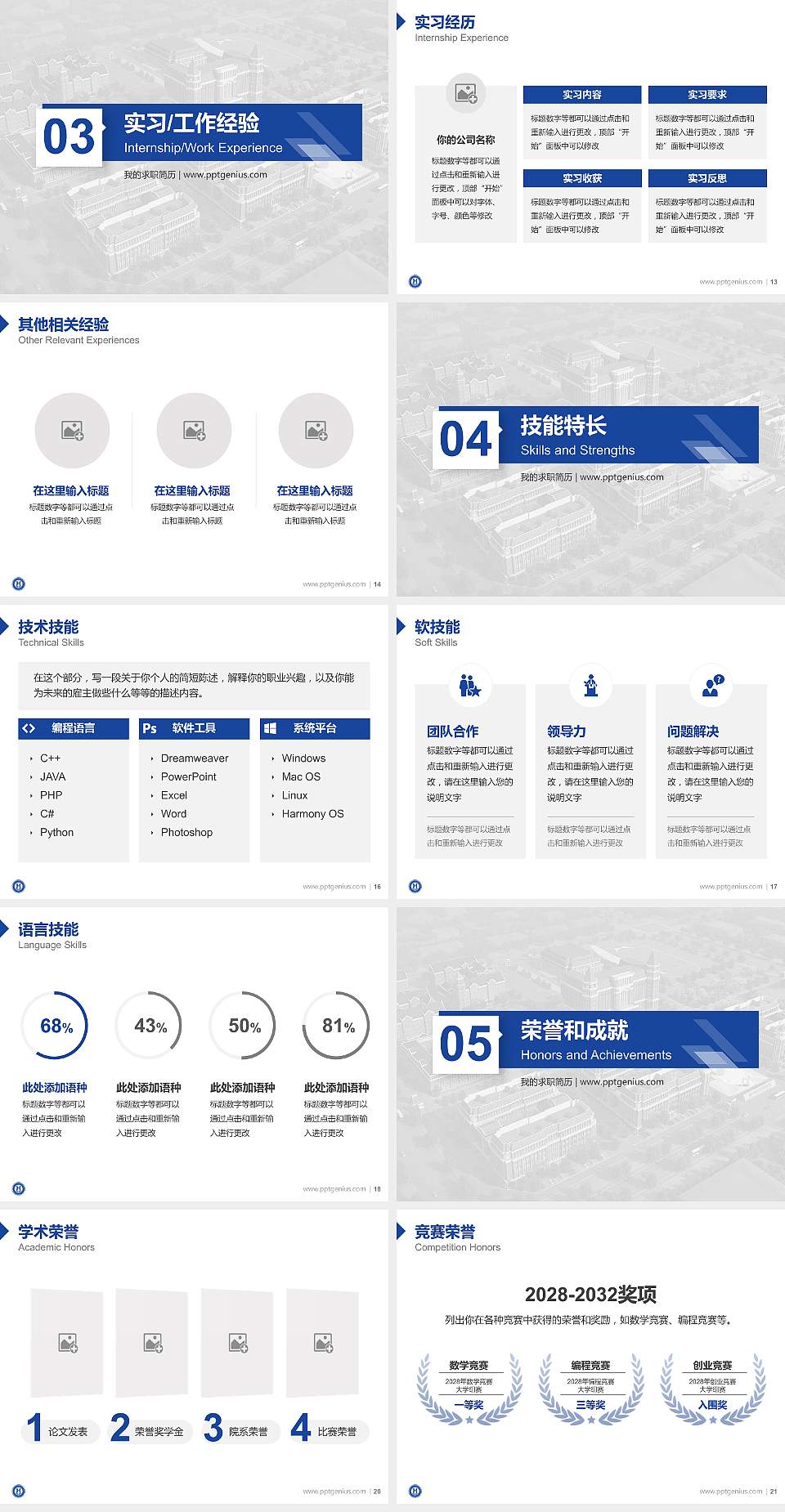 河南对外经济贸易职业学院教师/学生通用个人简历PPT模板下载4:3格式幻灯片预览图3