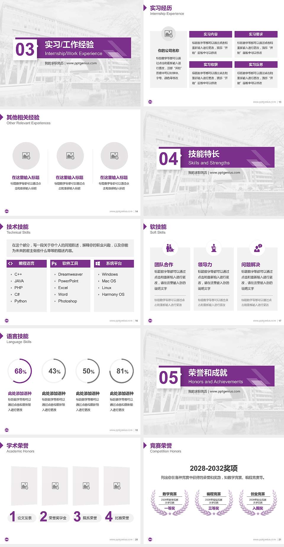 南阳科技职业学院教师/学生通用个人简历PPT模板下载4:3格式幻灯片预览图3
