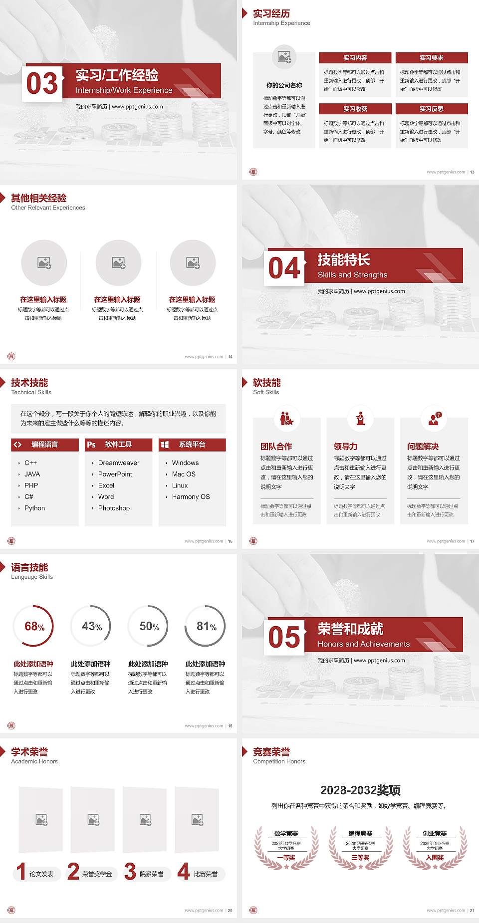 四川商务职业学院教师/学生通用个人简历PPT模板下载4:3格式幻灯片预览图3