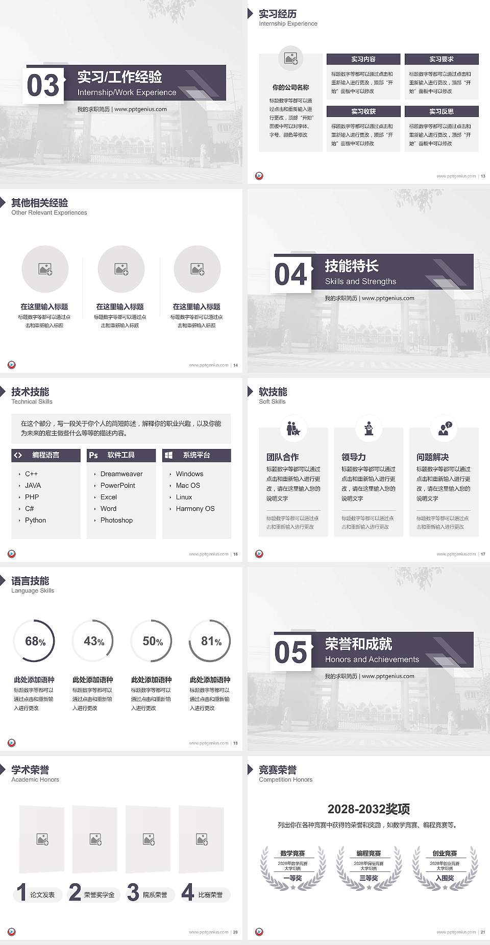 黄冈科技职业学院教师/学生通用个人简历PPT模板下载4:3格式幻灯片预览图3