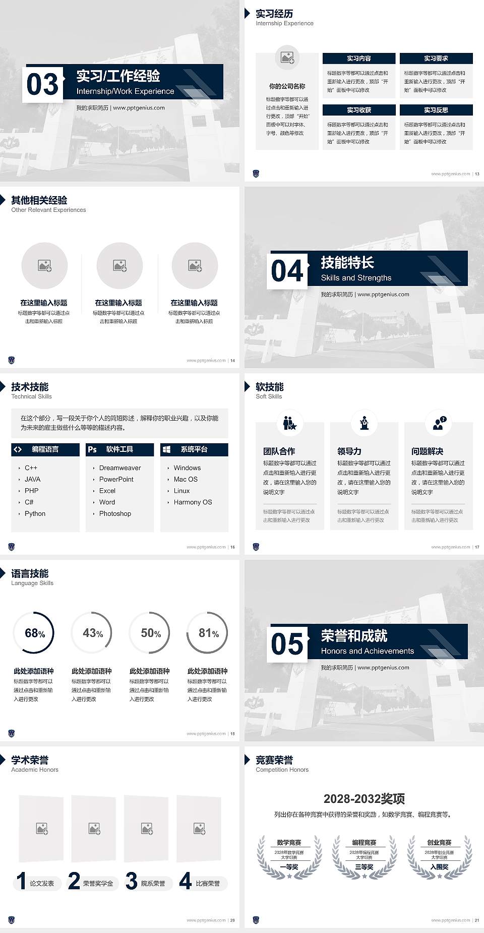 中国人民解放军海军士官学校教师/学生通用个人简历PPT模板下载4:3格式幻灯片预览图3