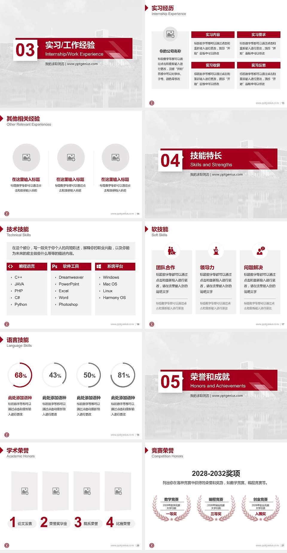 莱芜职业技术学院教师/学生通用个人简历PPT模板下载4:3格式幻灯片预览图3
