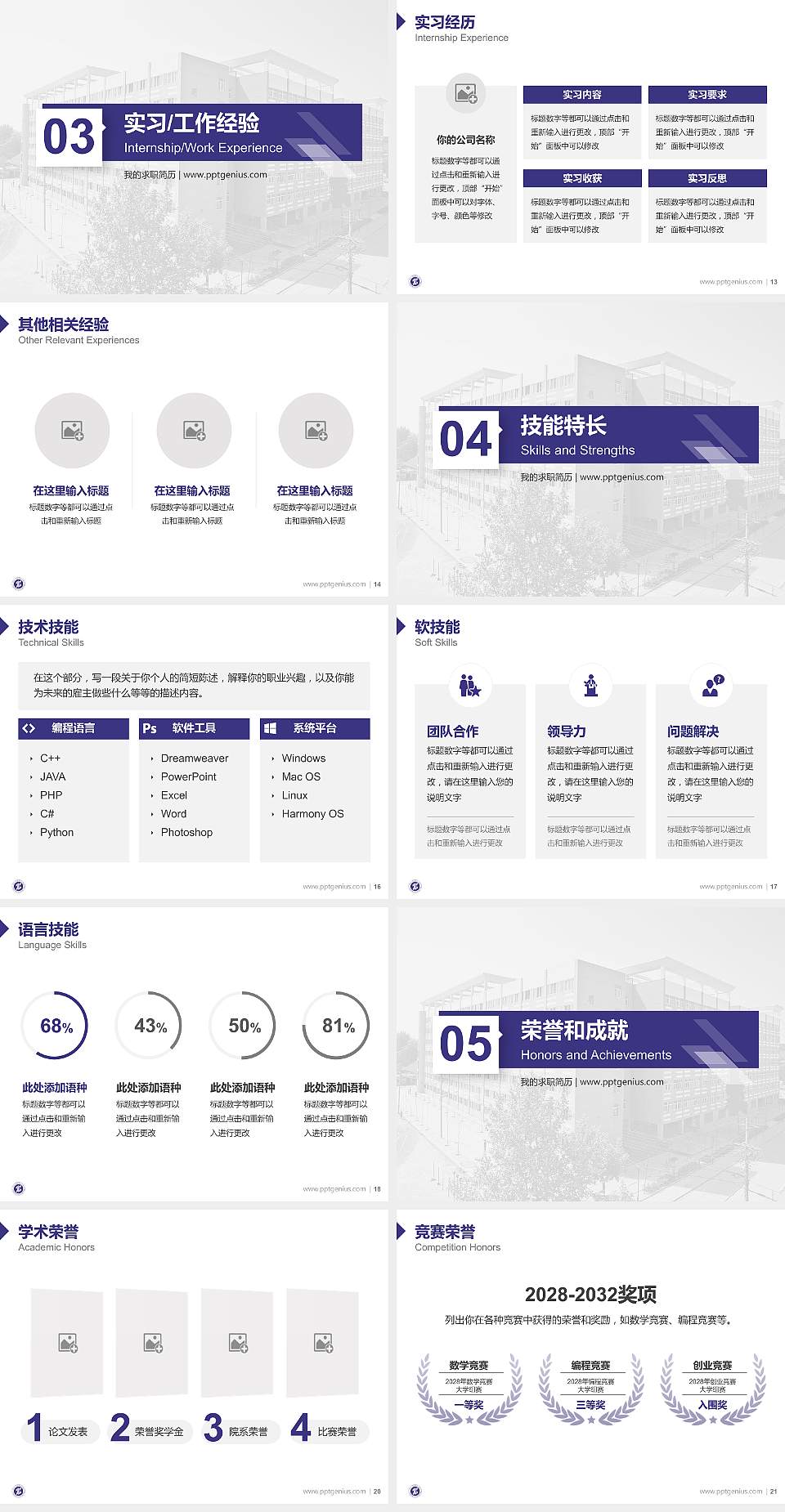 陕西工业职业技术学院教师/学生通用个人简历PPT模板下载4:3格式幻灯片预览图3