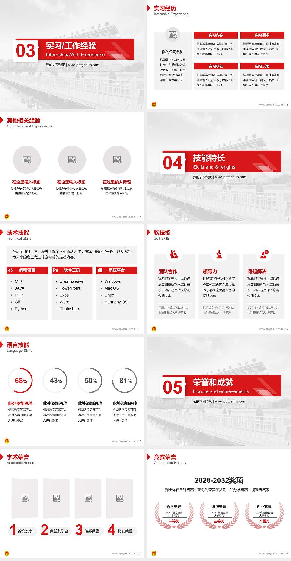 陆军防化学院教师/学生通用个人简历PPT模板下载4:3格式幻灯片预览图3