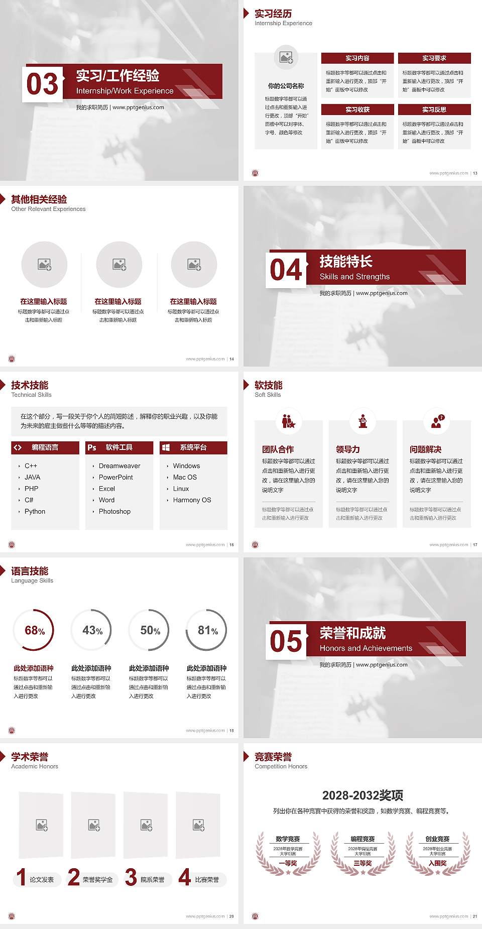 中国音乐学院教师/学生通用个人简历PPT模板下载4:3格式幻灯片预览图3