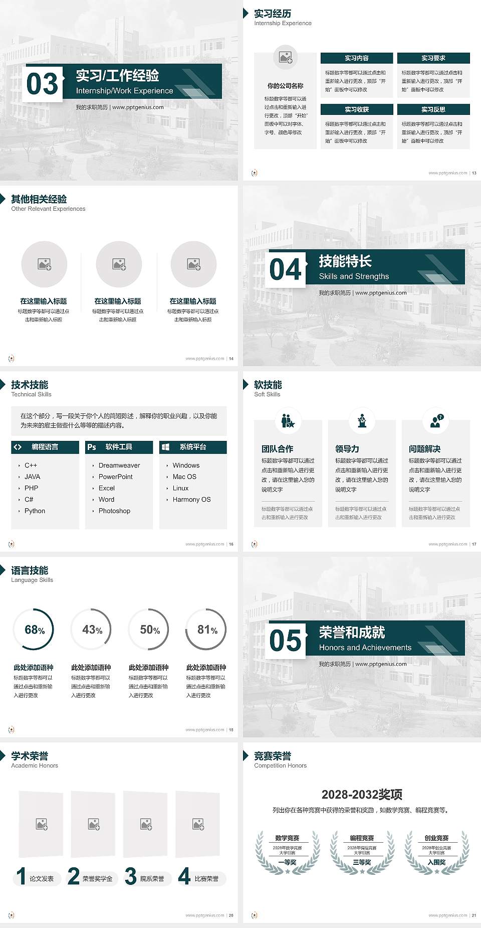 四川化工职业技术学院教师/学生通用个人简历PPT模板下载4:3格式幻灯片预览图3