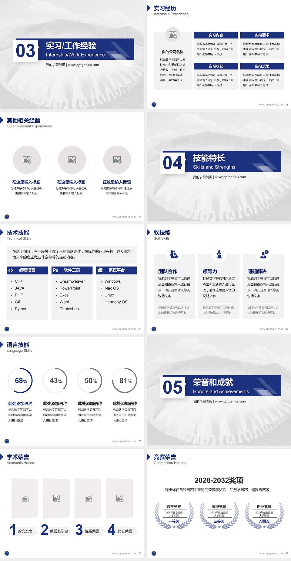 四川水利职业技术学院教师/学生通用个人简历PPT模板下载4:3格式幻灯片预览图3