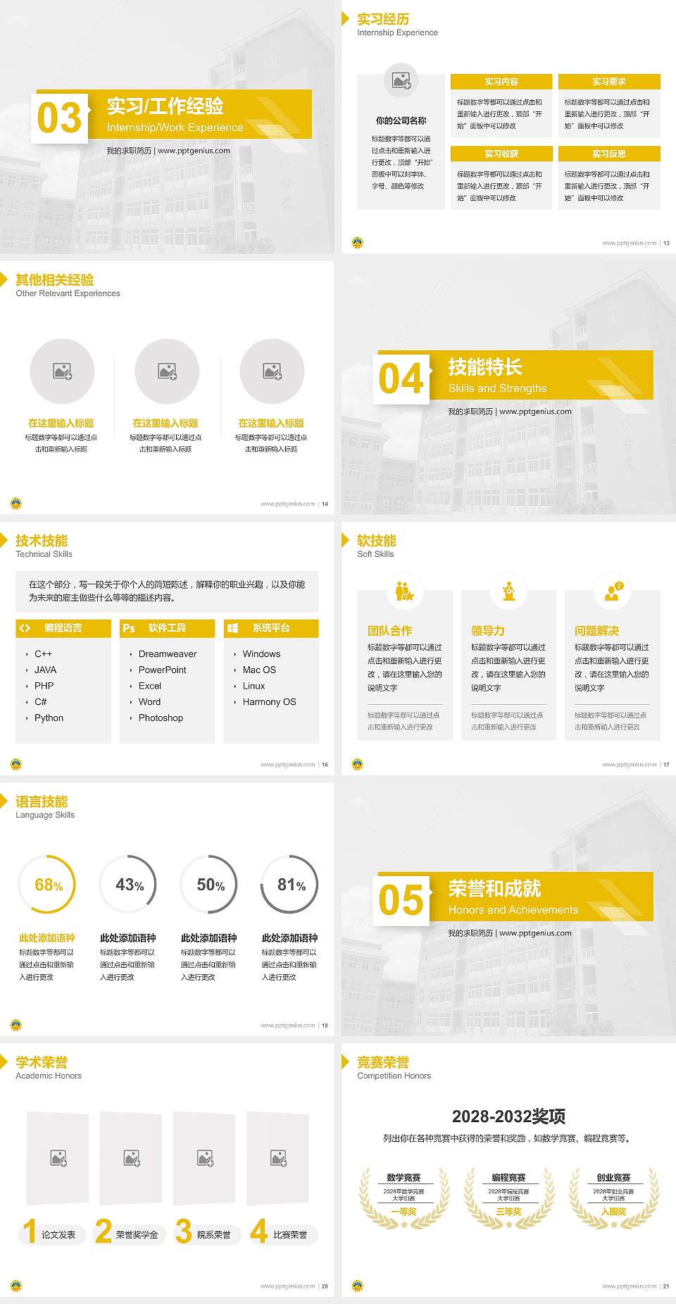 云南三鑫职业技术学院教师/学生通用个人简历PPT模板下载4:3格式幻灯片预览图3
