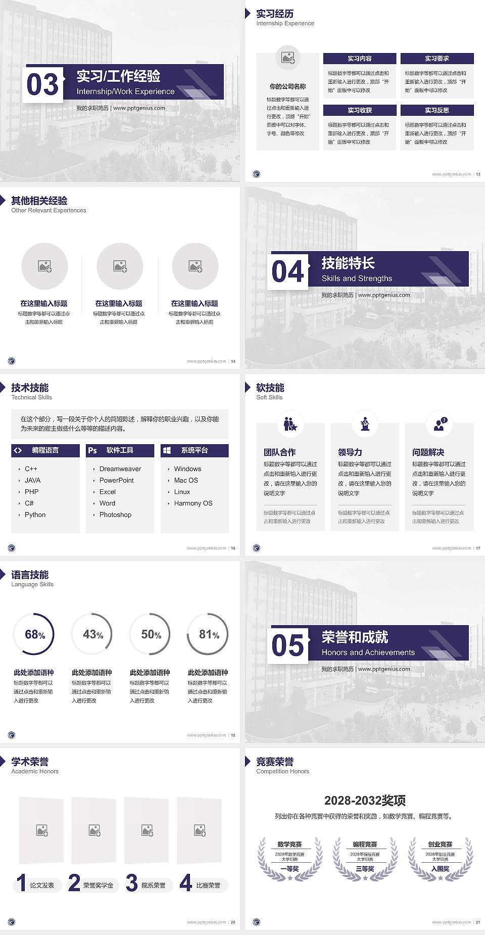 云南现代职业技术学院教师/学生通用个人简历PPT模板下载4:3格式幻灯片预览图3