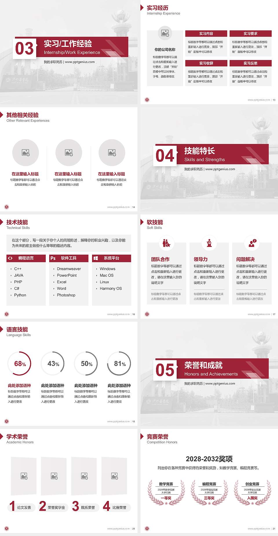 泸州医学院教师/学生通用个人简历PPT模板下载4:3格式幻灯片预览图3