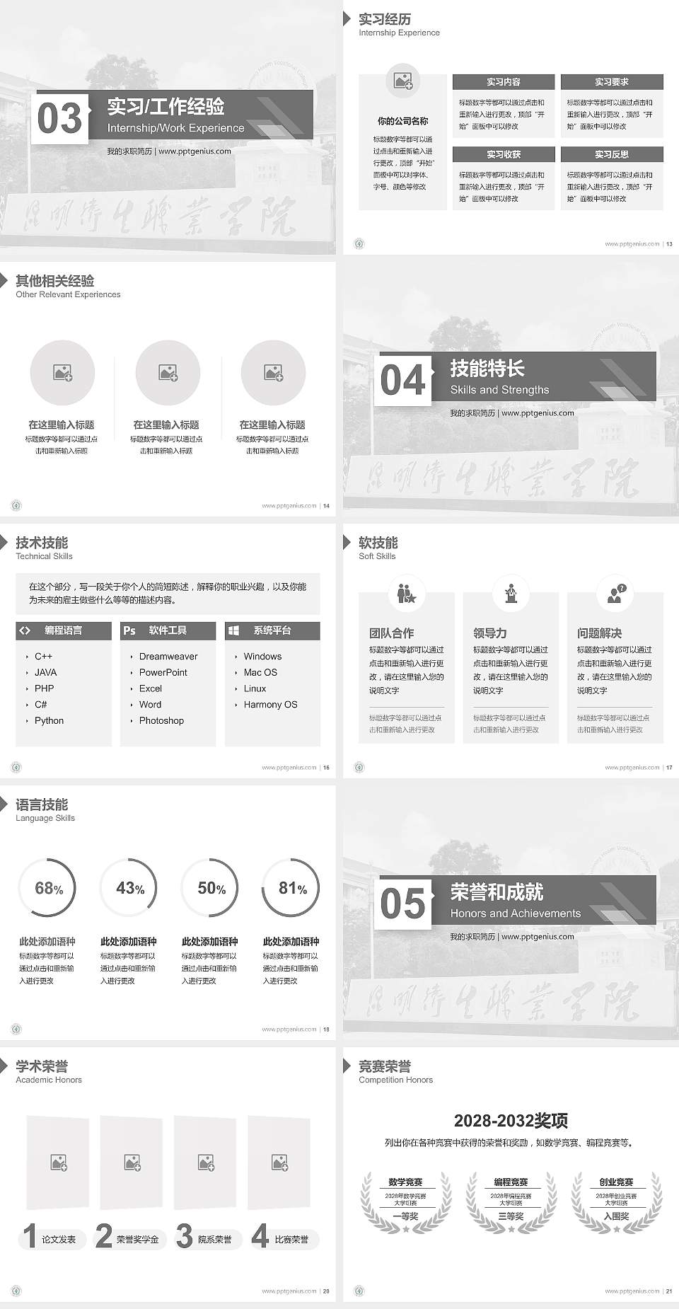 昆明卫生职业学院教师/学生通用个人简历PPT模板下载4:3格式幻灯片预览图3