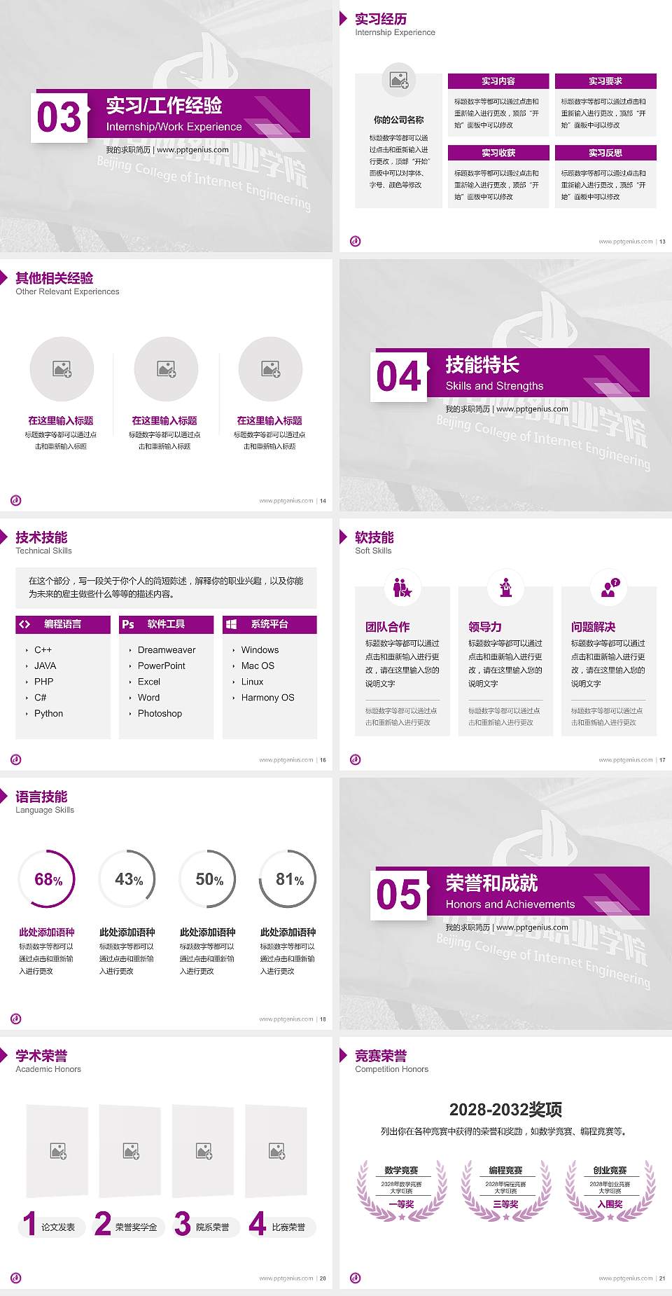 北京网络职业学院教师/学生通用个人简历PPT模板下载4:3格式幻灯片预览图3