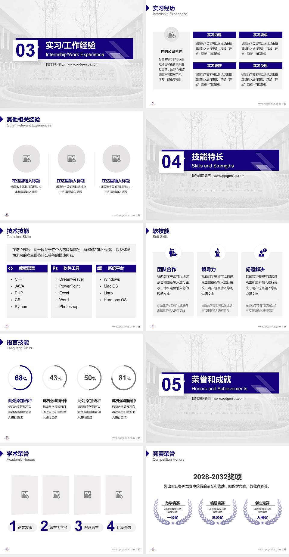 昆明理工大学津桥学院教师/学生通用个人简历PPT模板下载4:3格式幻灯片预览图3