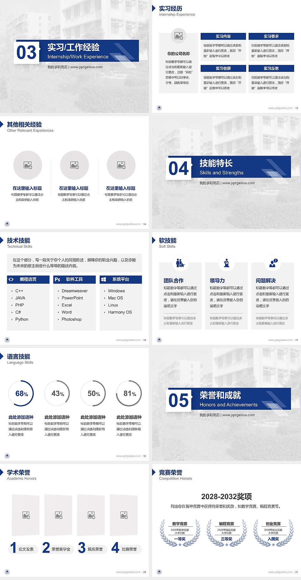 陕西警官职业学院教师/学生通用个人简历PPT模板下载4:3格式幻灯片预览图3