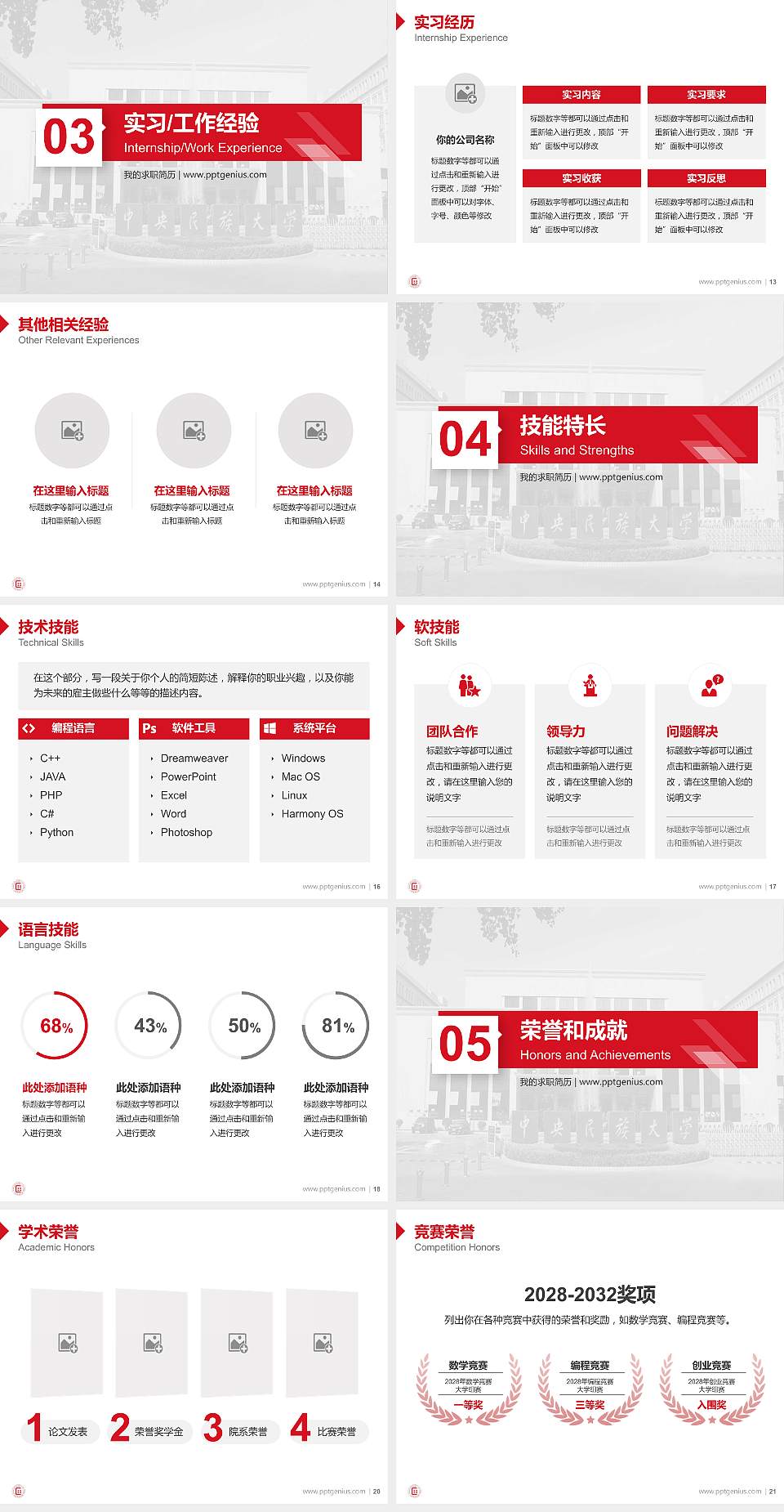 中央民族大学教师/学生通用个人简历PPT模板下载4:3格式幻灯片预览图3