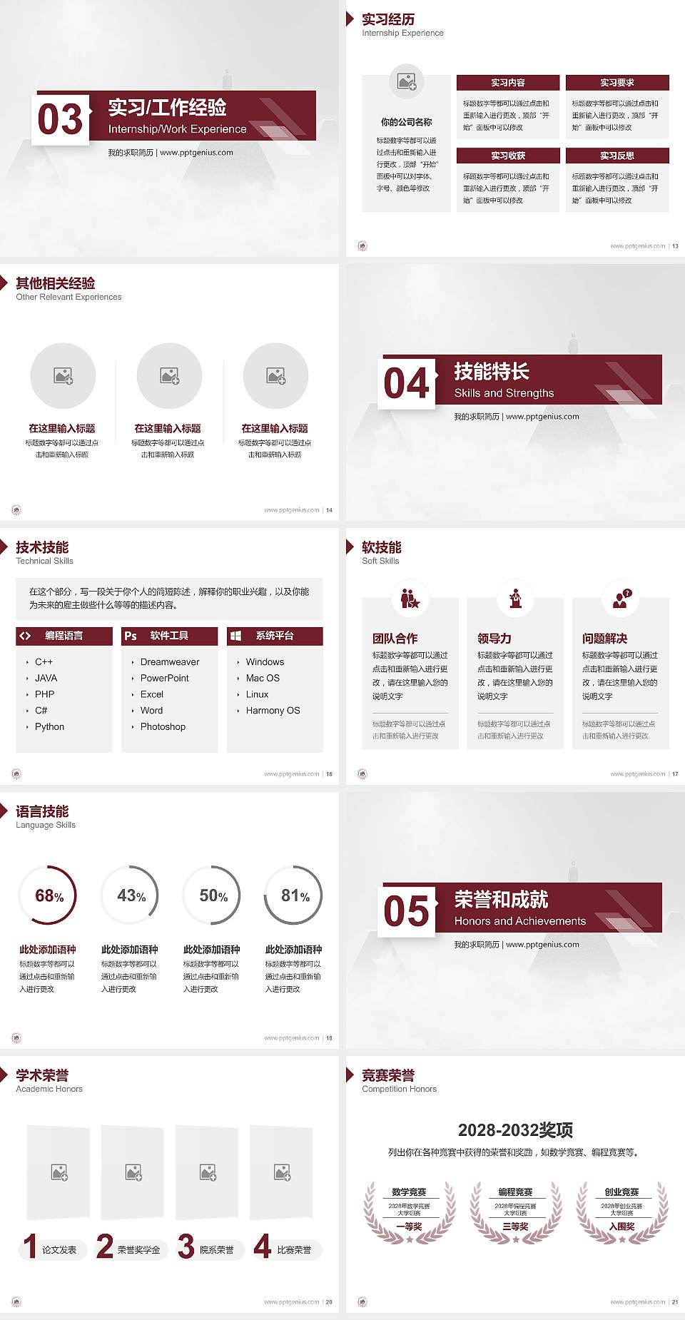 四川城市职业学院教师/学生通用个人简历PPT模板下载4:3格式幻灯片预览图3