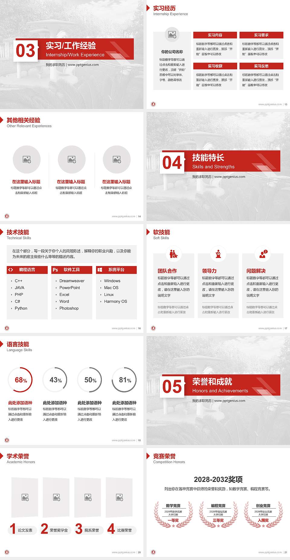 汉中职业技术学院教师/学生通用个人简历PPT模板下载4:3格式幻灯片预览图3