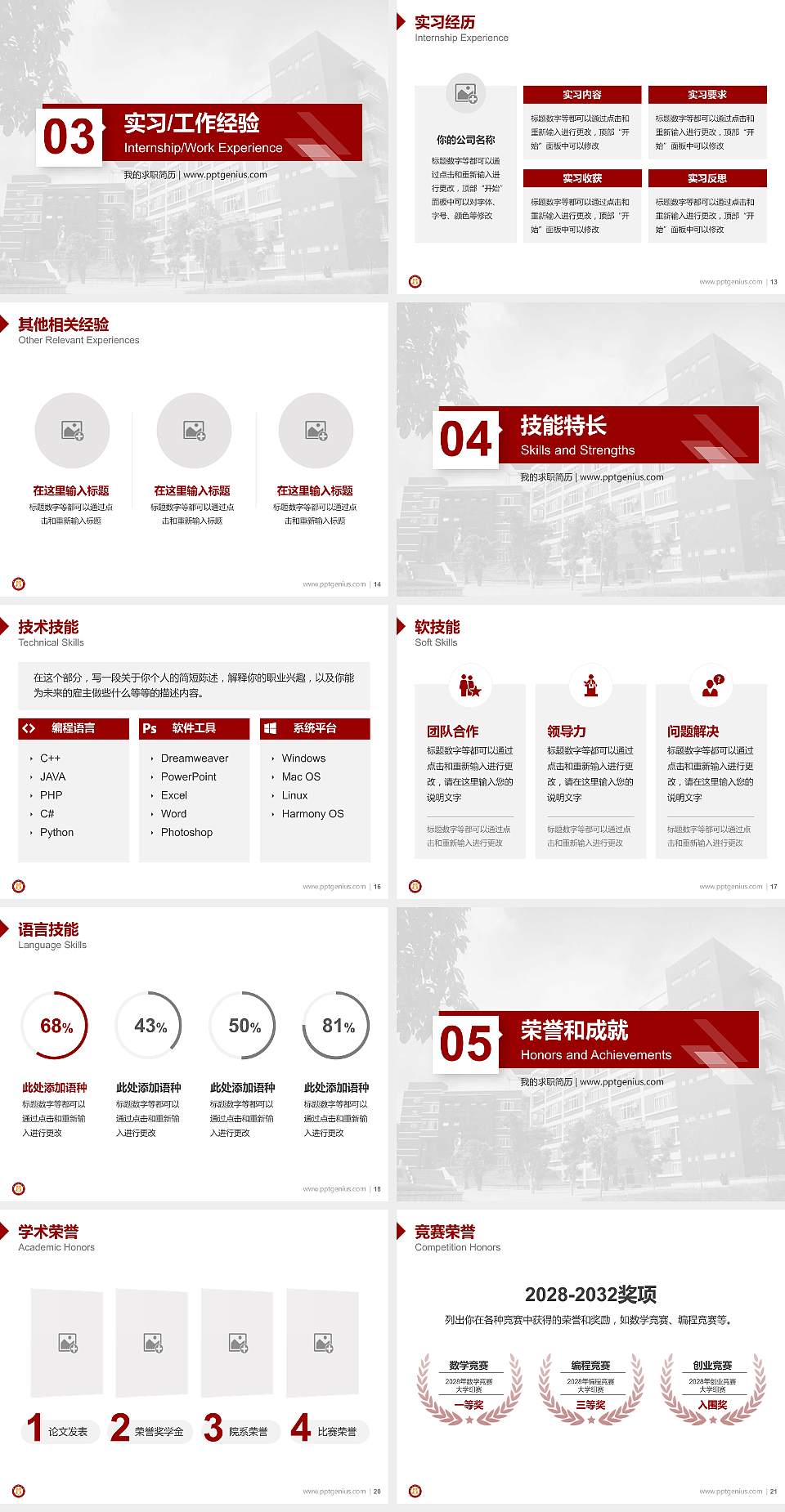 攀枝花学院教师/学生通用个人简历PPT模板下载4:3格式幻灯片预览图3