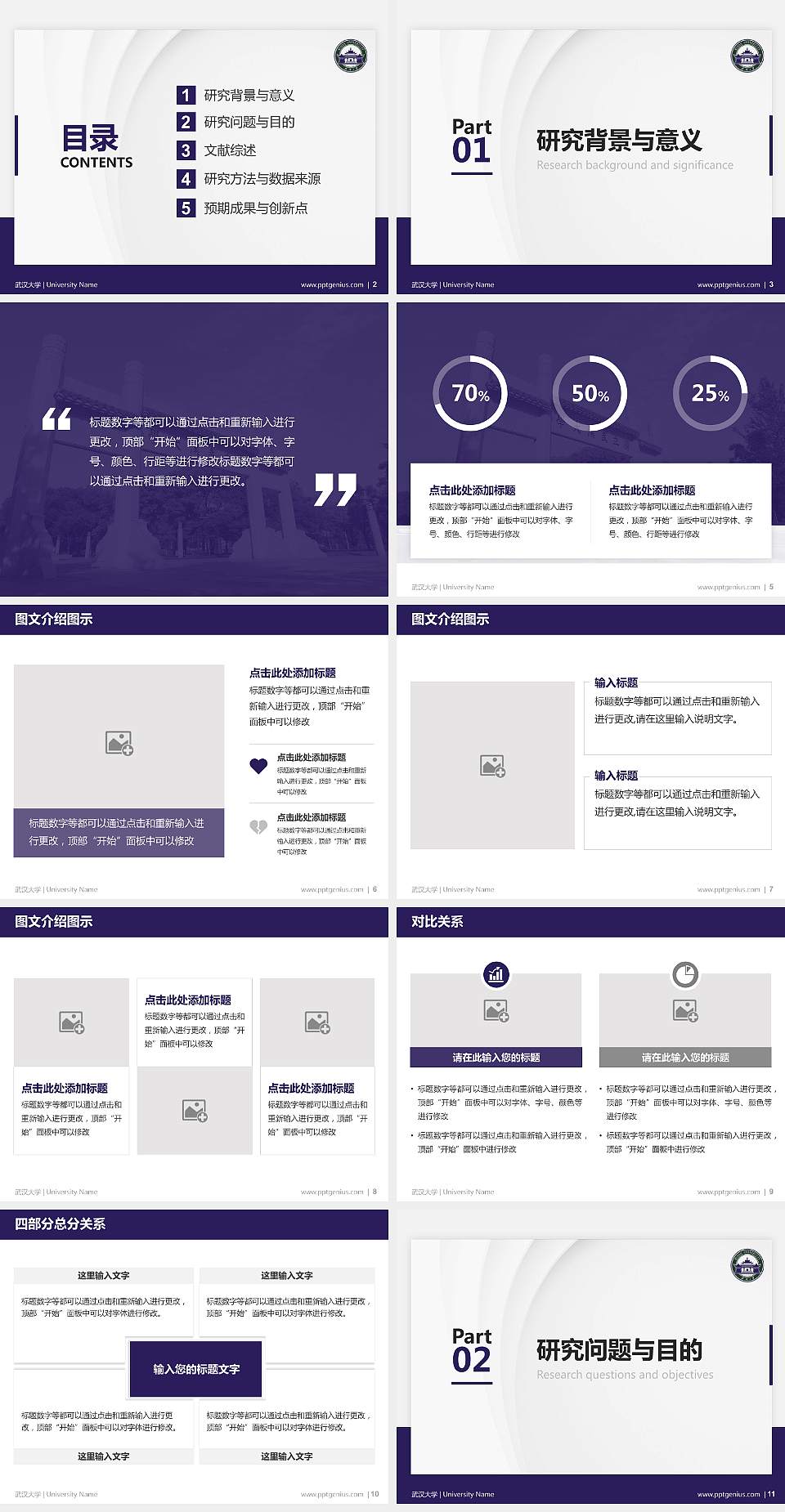 武汉大学硕士研究生/本科生毕业论文答辩/开题报告通用PPT模板下载4:3格式幻灯片预览图2