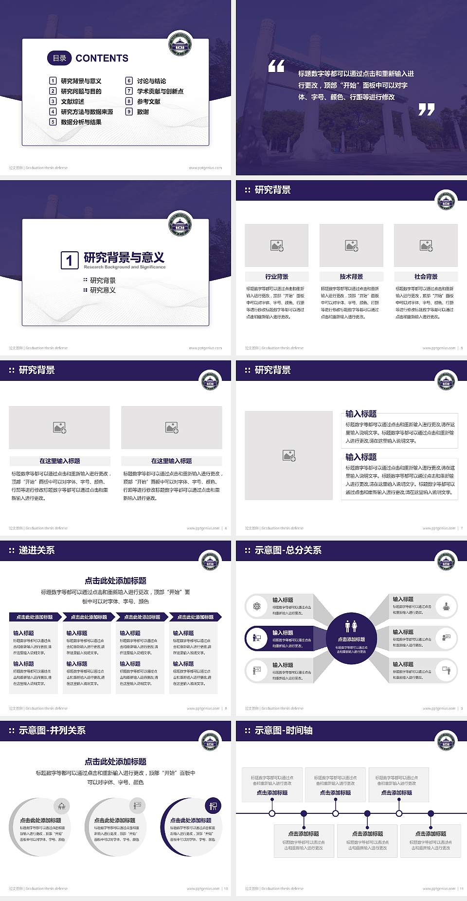 武汉大学论文答辩标准PPT模板4:3格式幻灯片预览图2