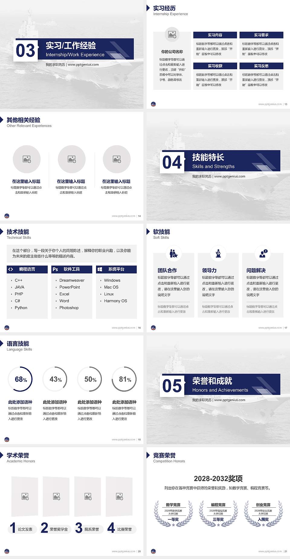 中国人民解放军海军航空大学教师/学生通用个人简历PPT模板下载4:3格式幻灯片预览图3