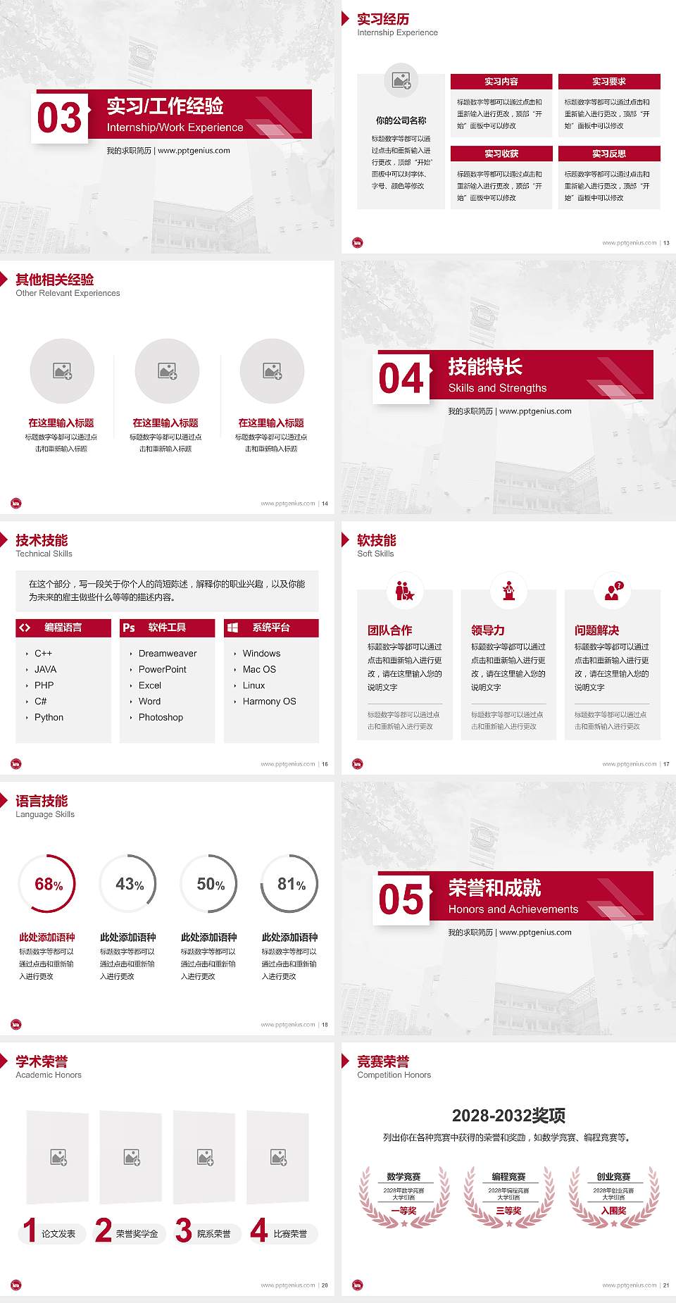 成都职业技术学院教师/学生通用个人简历PPT模板下载4:3格式幻灯片预览图3