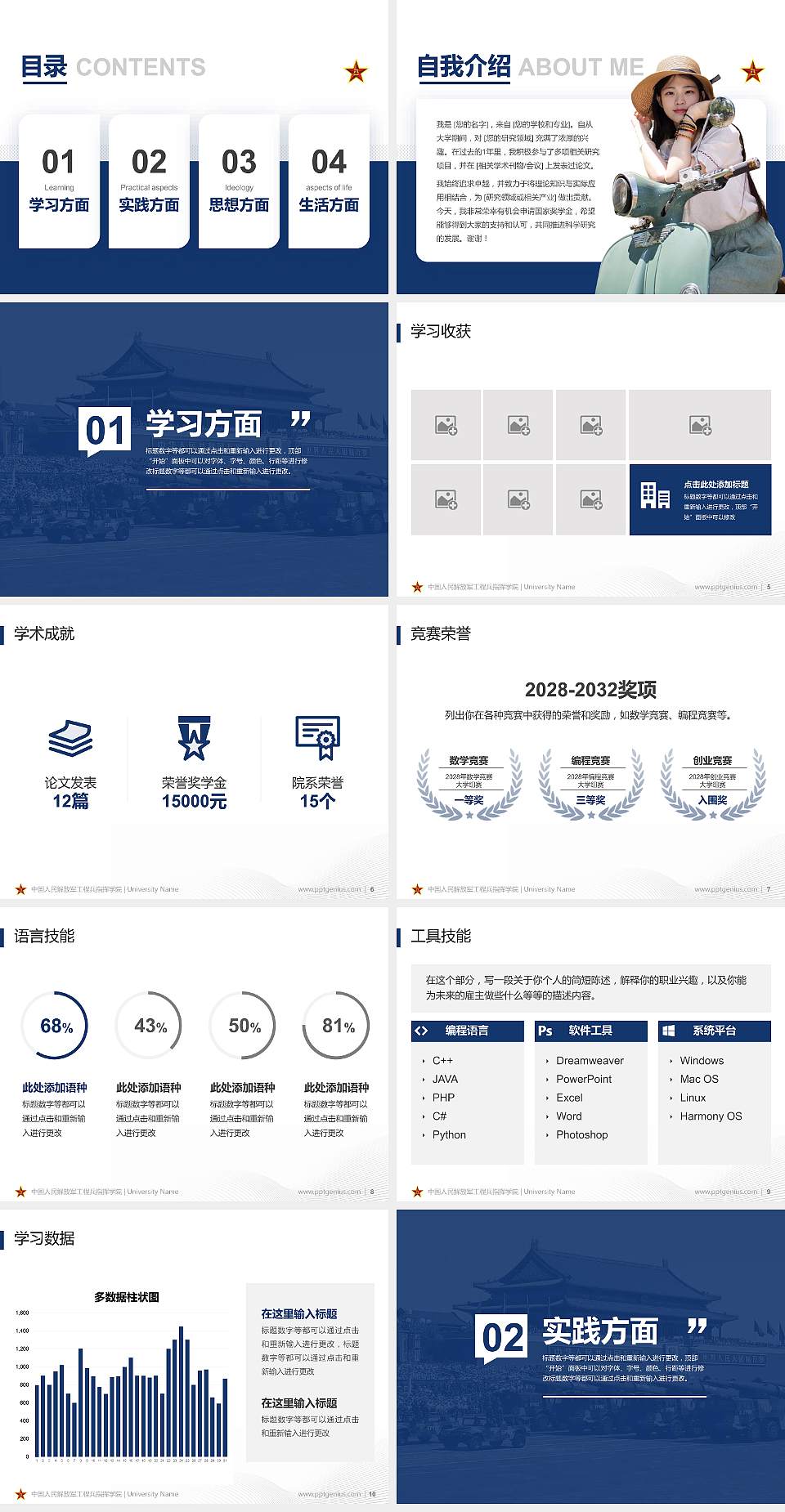 中国人民解放军工程兵指挥学院专用国家奖学金答辩PPT模板4:3格式幻灯片预览图2