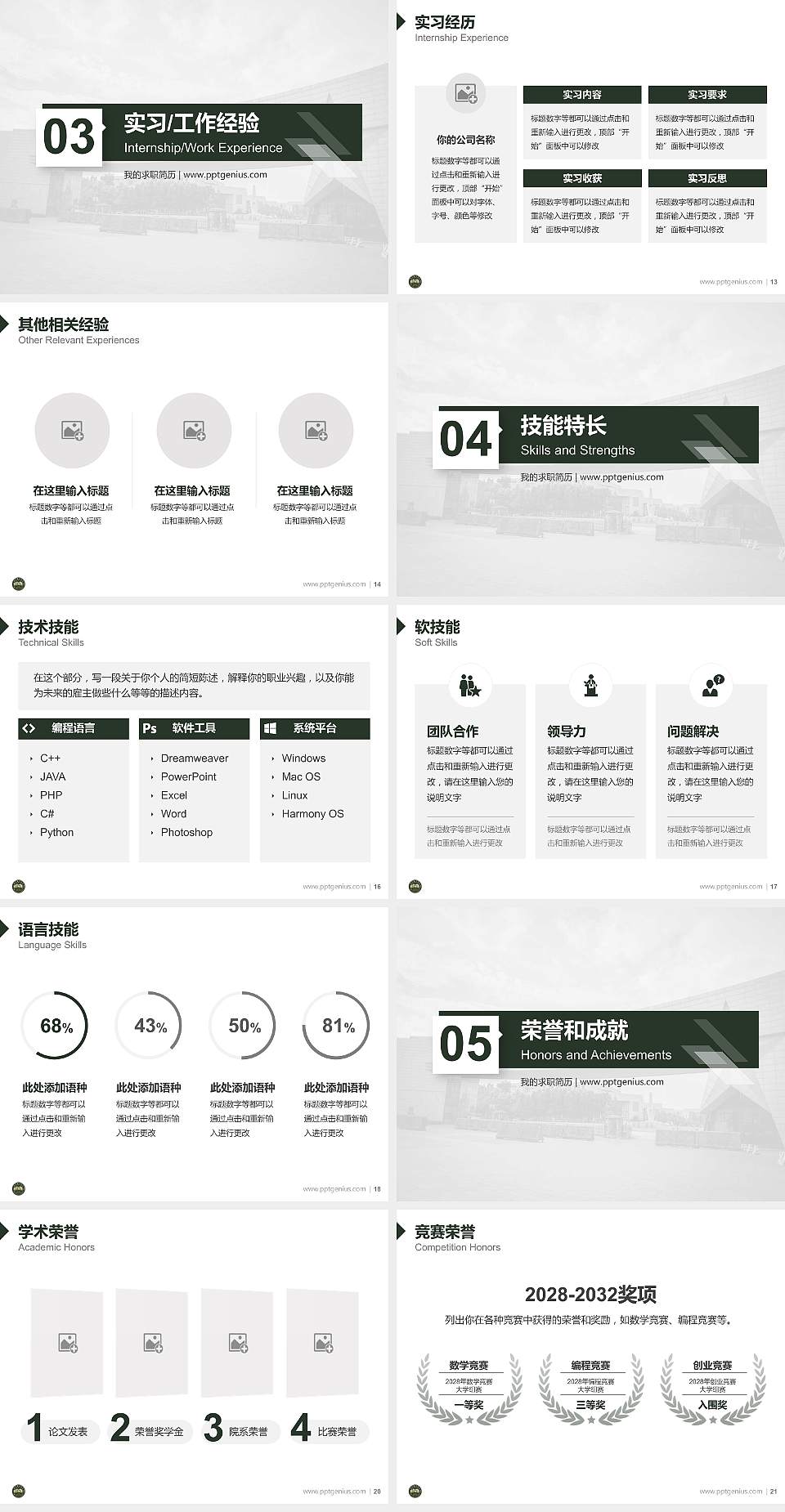 中国人民解放军陆军勤务学院教师/学生通用个人简历PPT模板4:3格式幻灯片预览图3